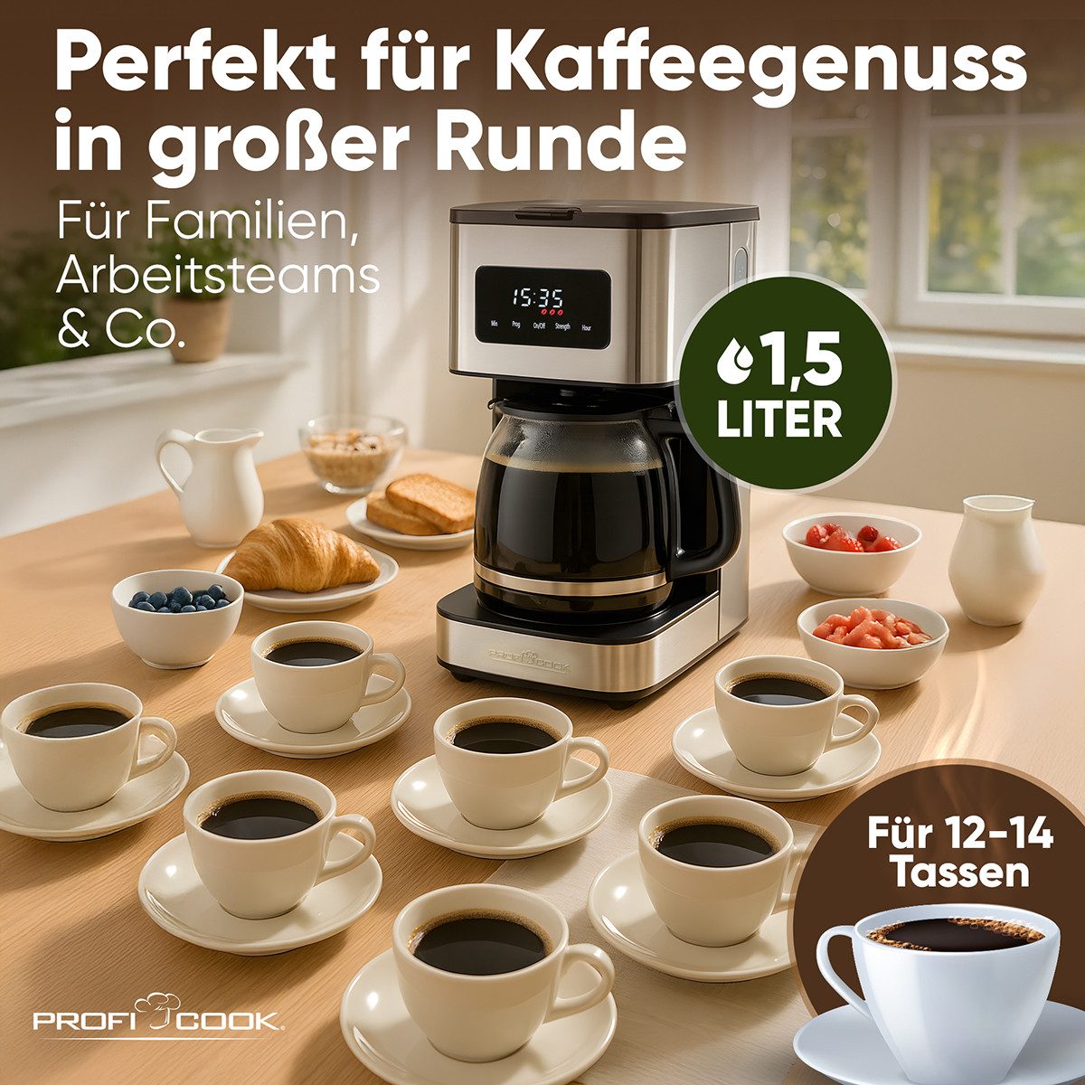 ProfiCook Filterkaffeemaschine PC-KA 1299, Filterkaffeemaschine mit Glas-Kanne, 14 Tassen