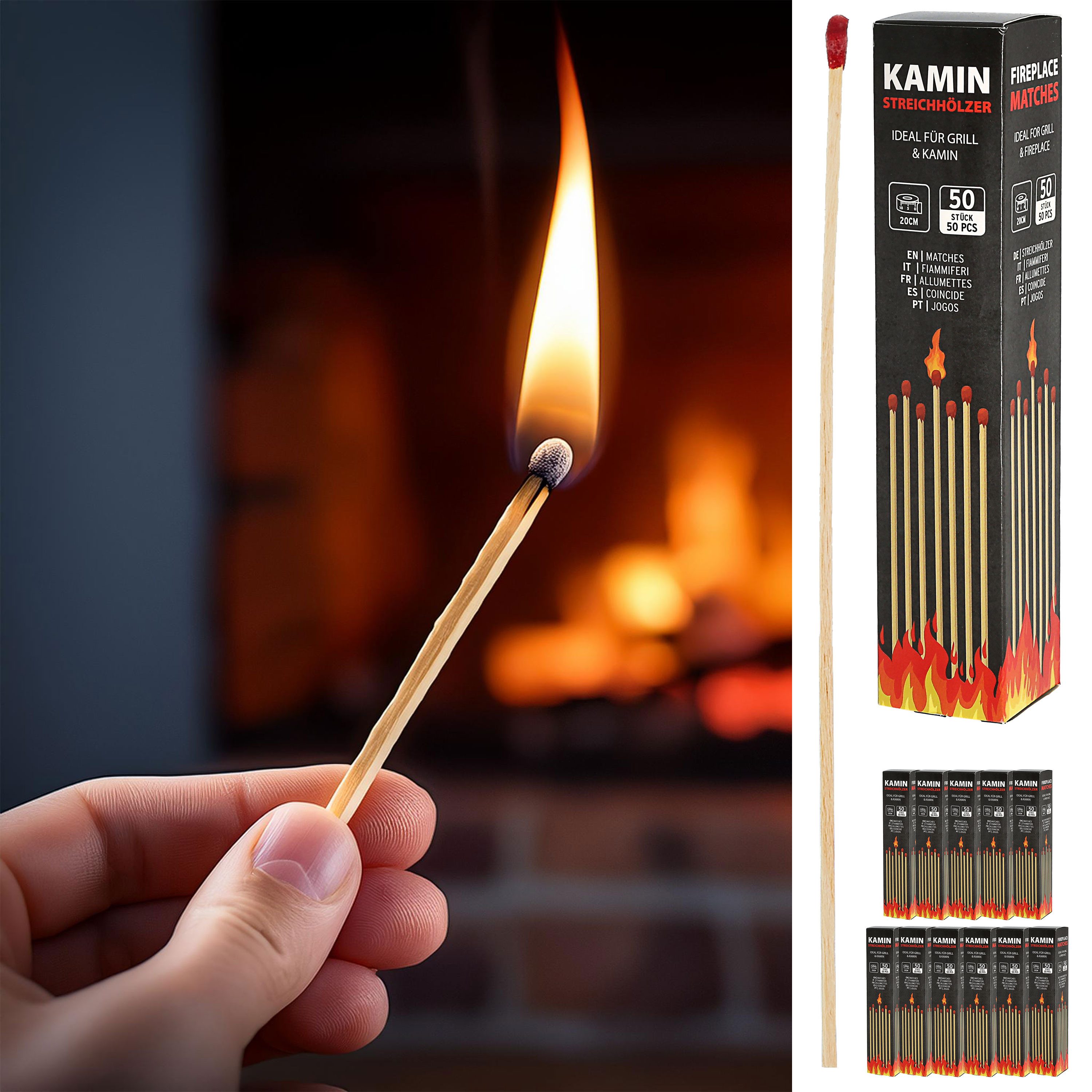 CEPEWA Feuerzeug XL Kaminstreichhölzer 600er Pack L20cm 5x21,5x5cm Holz Karton Zündholz