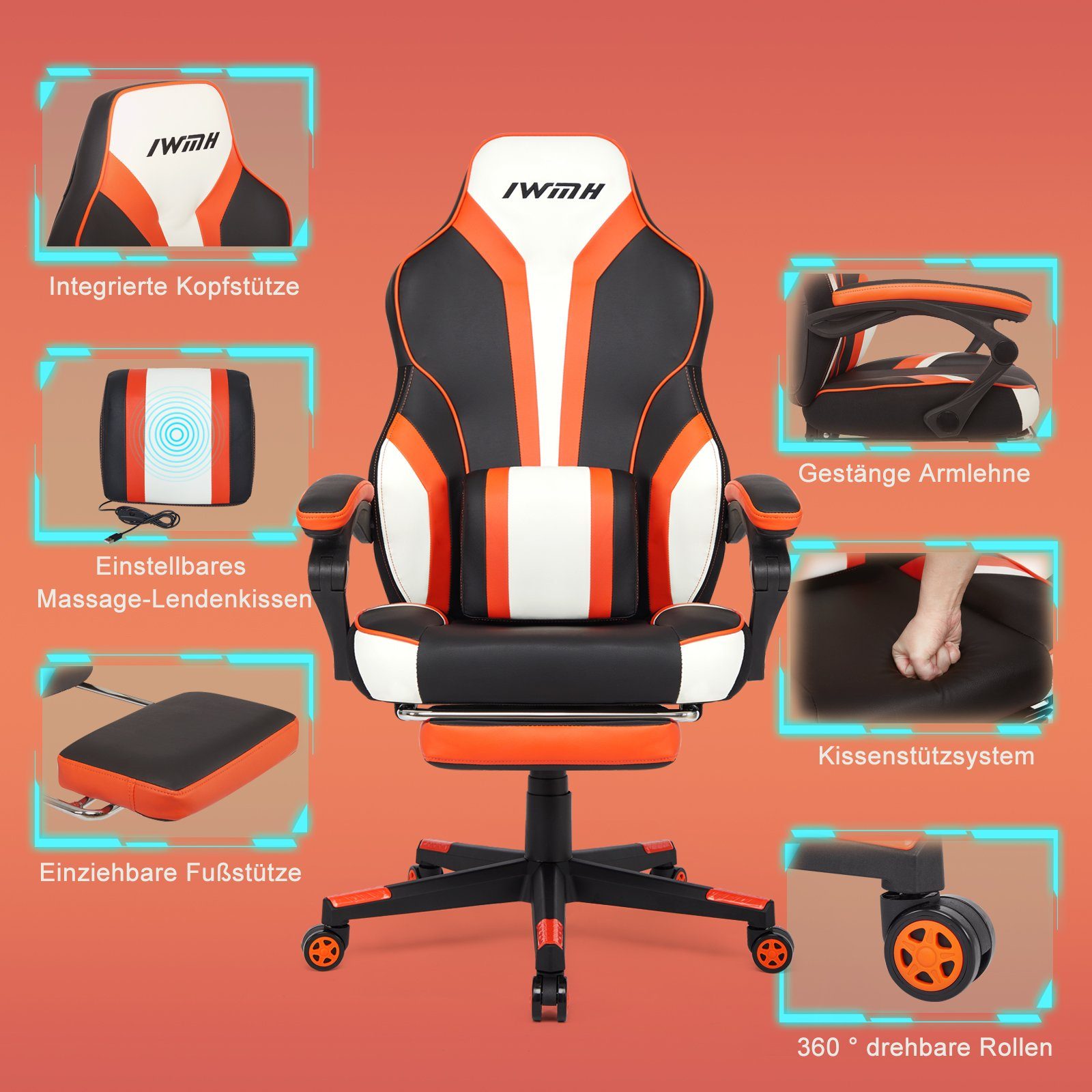Rückenlehne, mit WM und Massage-Lendenstütze klappbarer hoher Intimate Heart orange Fußstütze Gaming-Stuhl,