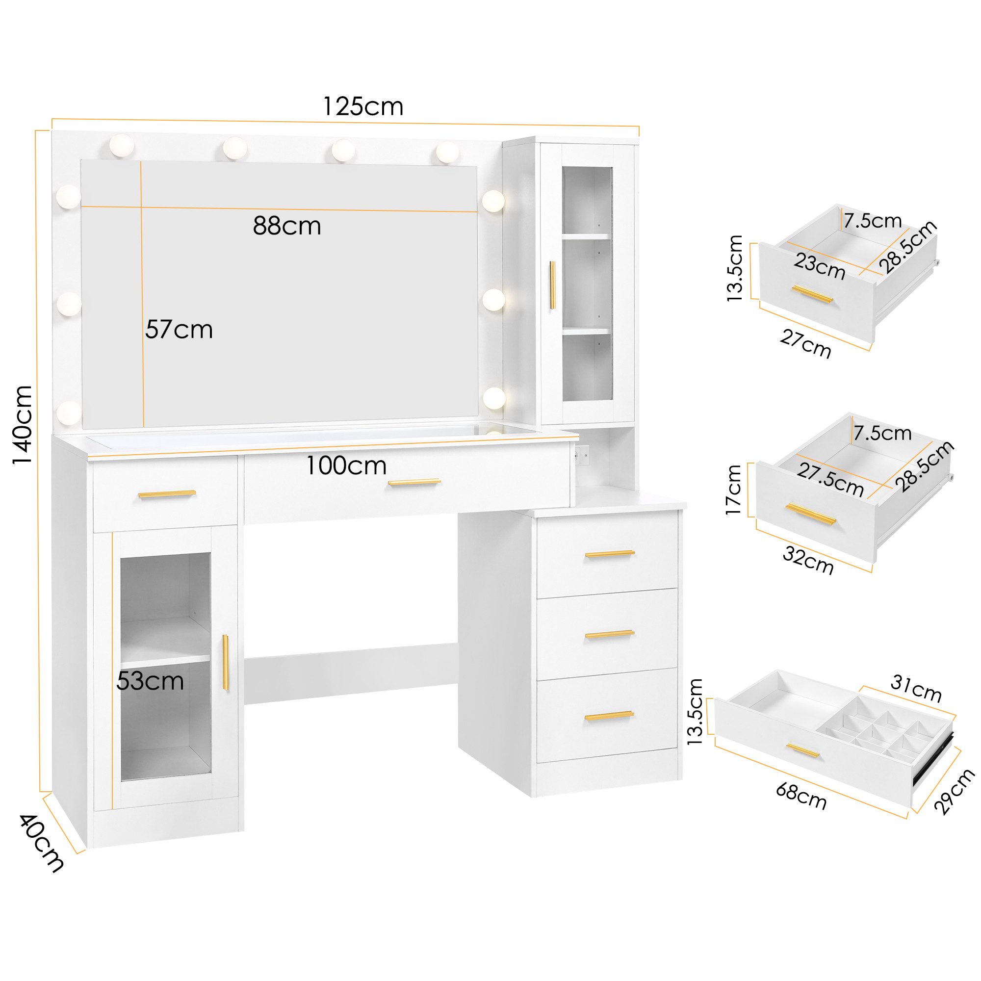 BEWISHOME Schminktisch mit LED-Spiegel und Ladestation, Glasplatte, 5 Schubladen (1-St), 3 Beleuchtungsmodi, einstellbare Helligkeit, 125x40x140cmn