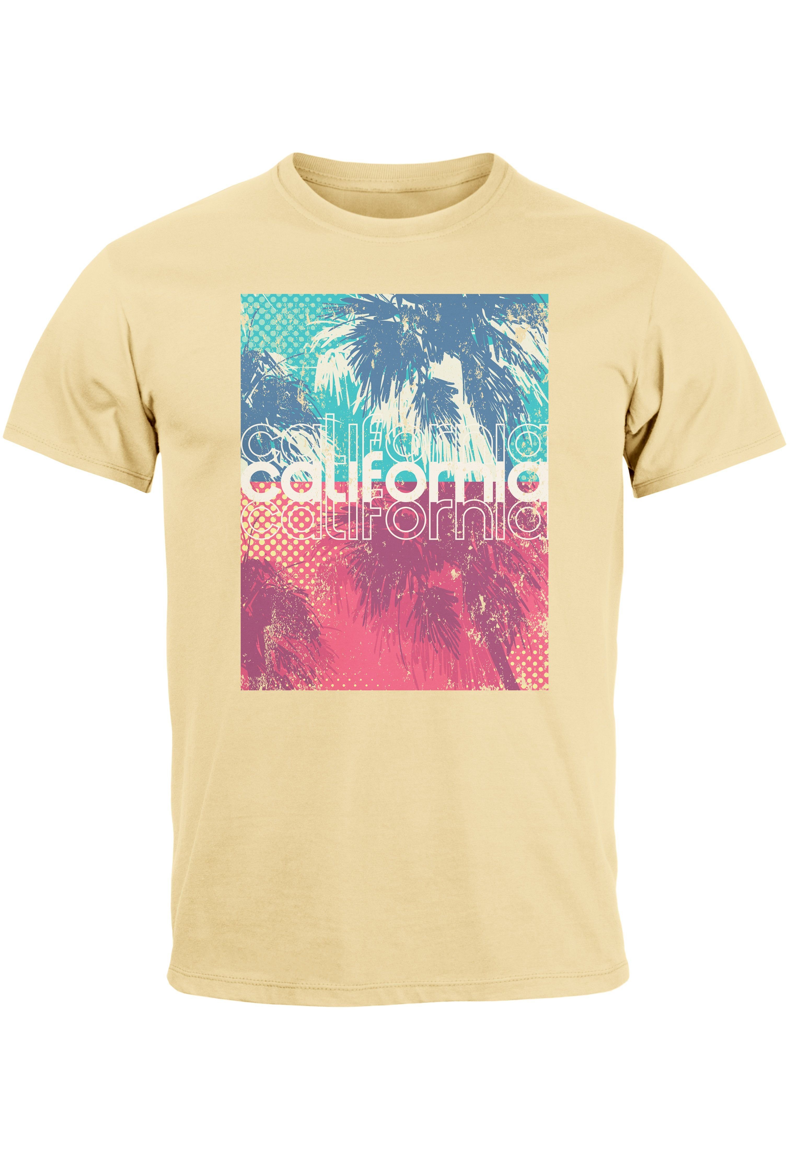 Neverless Print-Shirt Herren T-Shirt Top California Palmen Sommer Foto Print Aufdruck Abstra mit Print natur