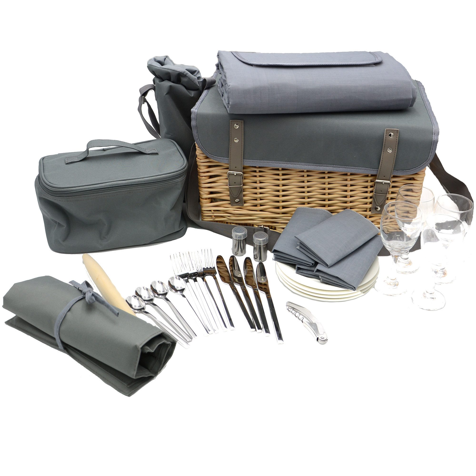 UNUS GARDEN Picknickkorb Picknickkorb 33 teilig aus Weide mit Zubehör (für 4 Personen), 4-Personen 33-teiliges Komplettset Serviertisch Picknickdecke Geschirr