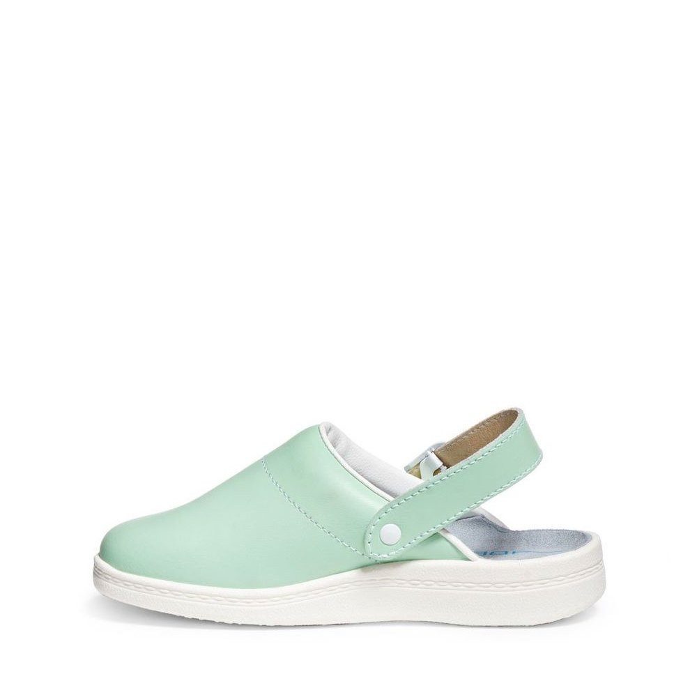Abeba The Original Clog Mint-Weiß – Glattleder Holzfußbett OB Src Berufsschuh