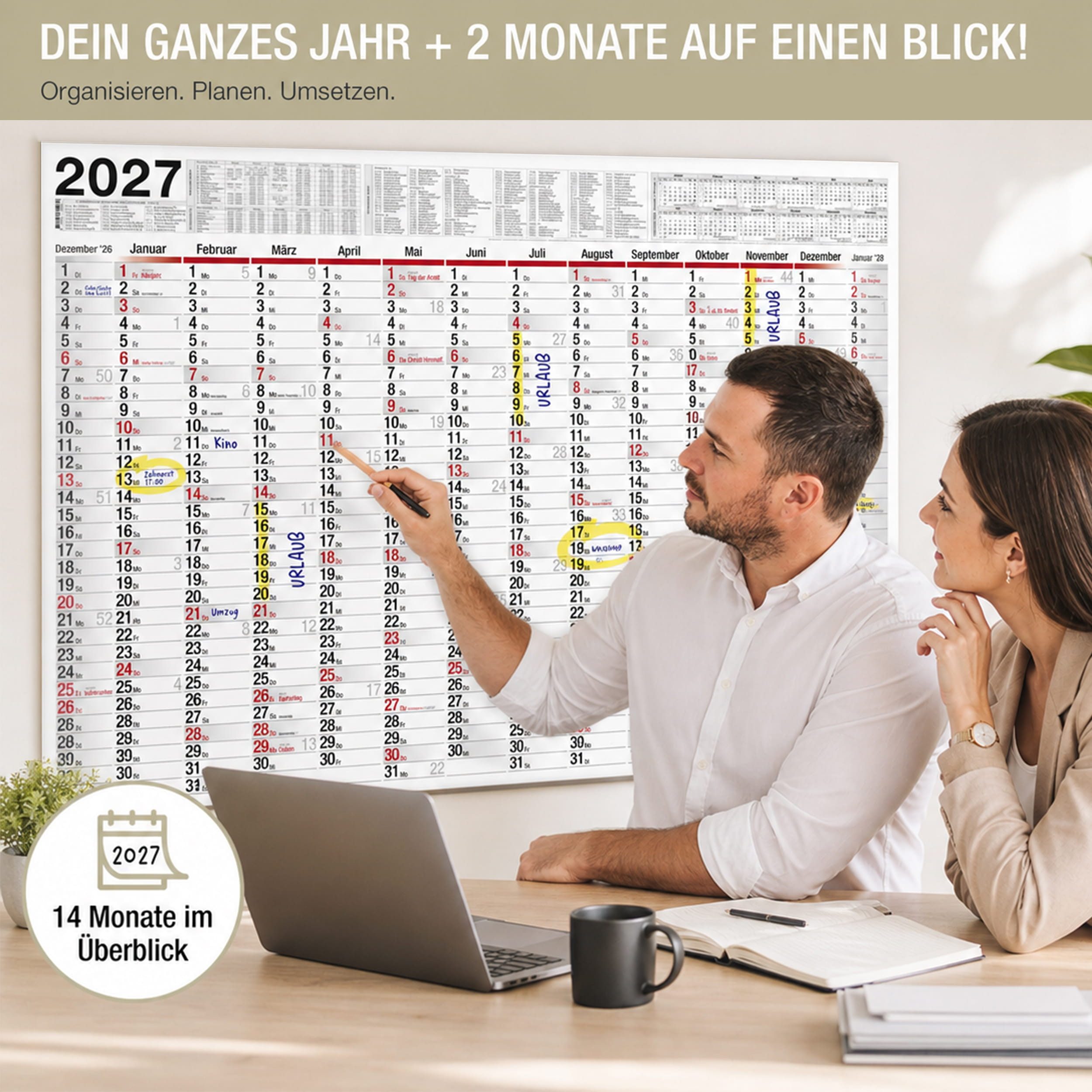 TOBJA Wandkalender Wandkalender 2027 XXL B1 Gefalzt 70x100 cm Jahresplaner, 14 Monate, Ferien DE/AT, KW, FSC, gefalzt