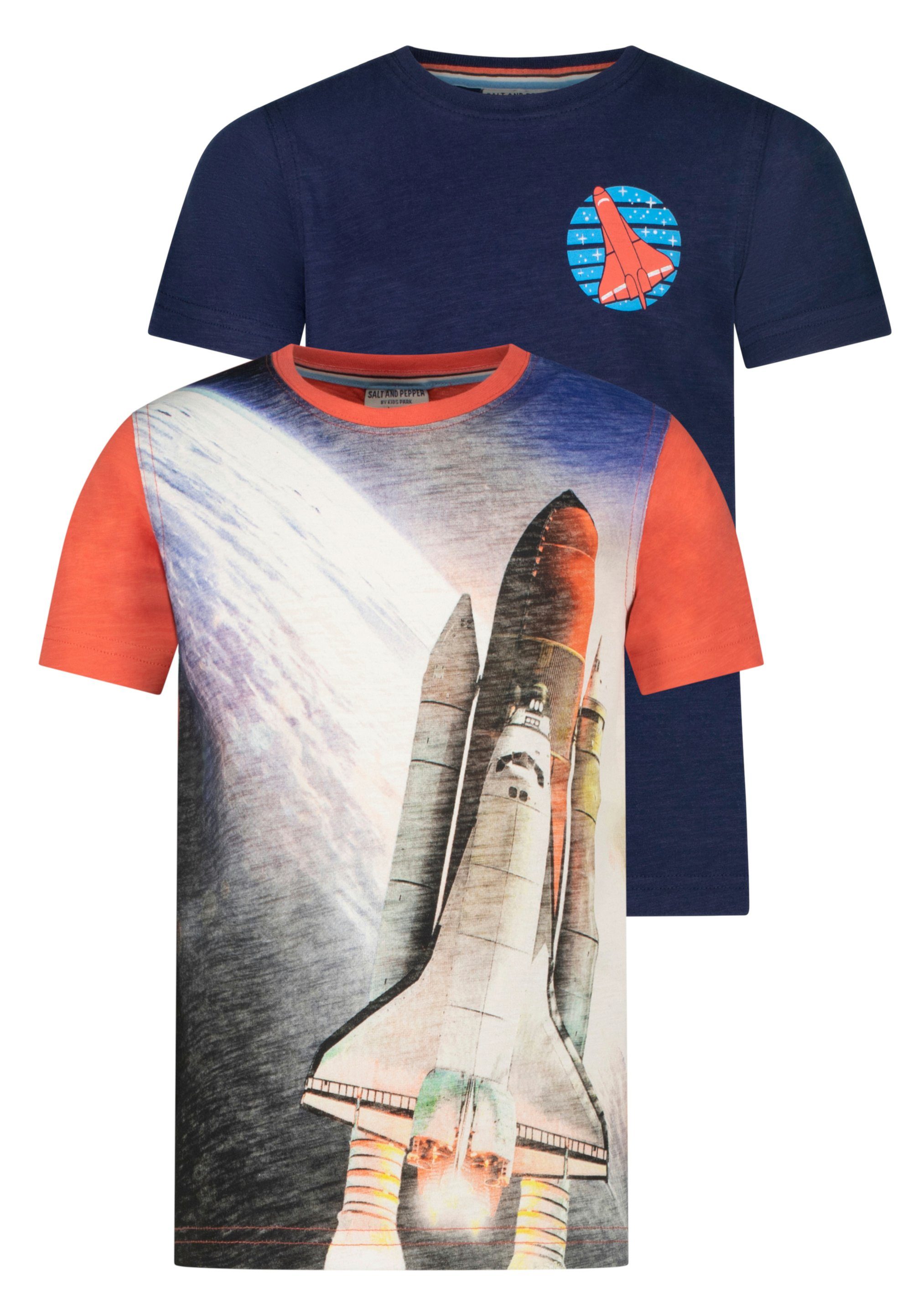 mit realistischem SALT Space Shuttle dunkelblau-rot Fotodruck PEPPER T-Shirt AND (2-tlg)