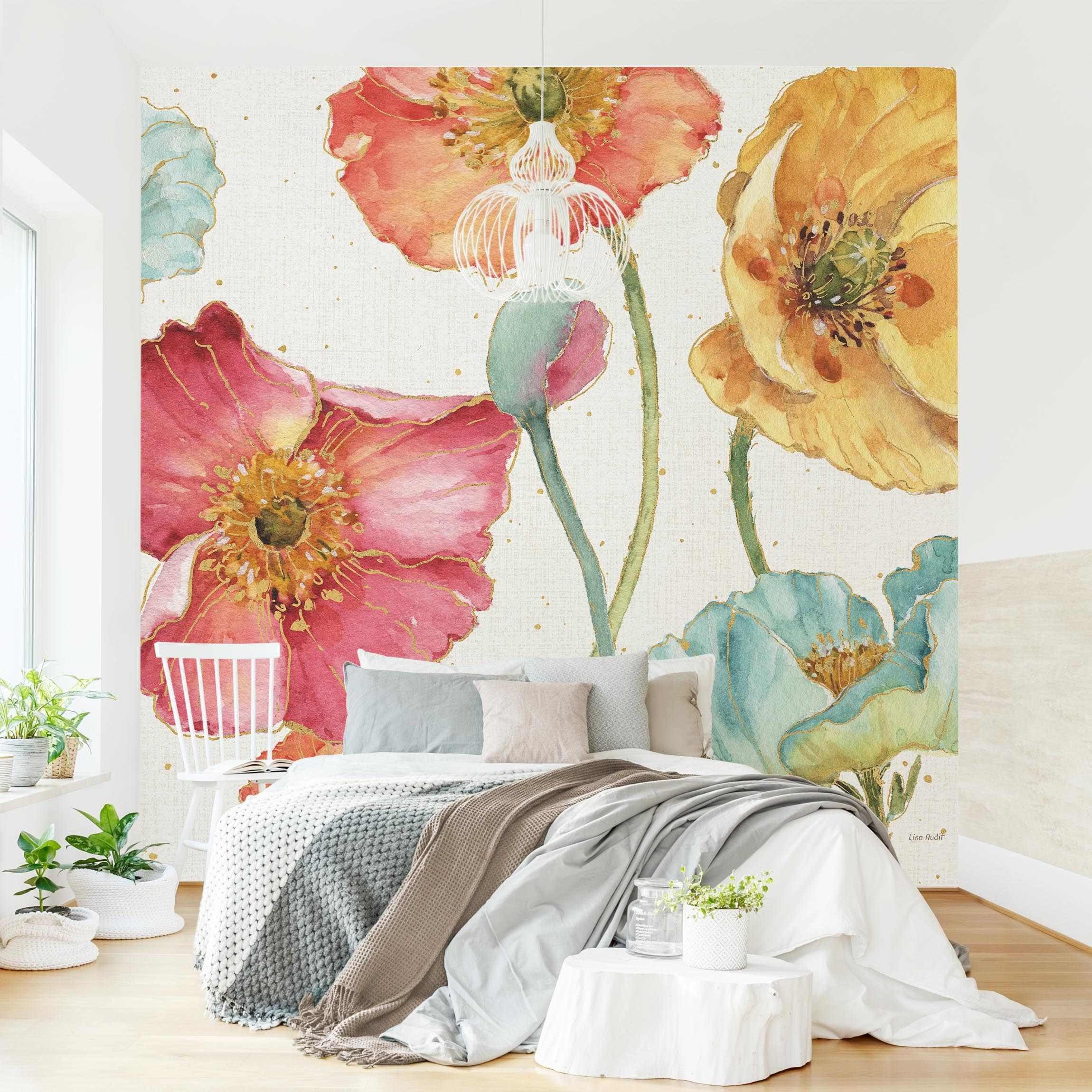 Bilderdepot24 Fototapete Bunte Blüten Gold Blumen Floral Kunst bunt moderne Wanddeko XXL, Glatt, Matt, (Vliestapete inkl. Kleister oder selbstklebend), Wohnzimmer Schlafzimmer Küche Flur Motivtapete Vliestapete Wandtapete