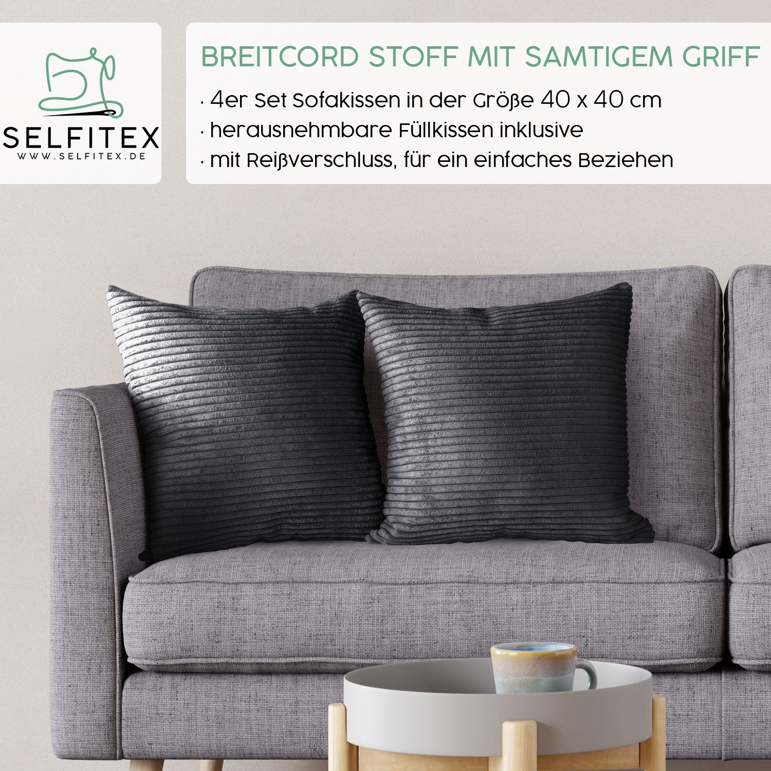 Selfitex Dekokissen Breitcord 4er Set, 40x40 cm, inkl. 4 Füllkissen, weiche günstig online kaufen
