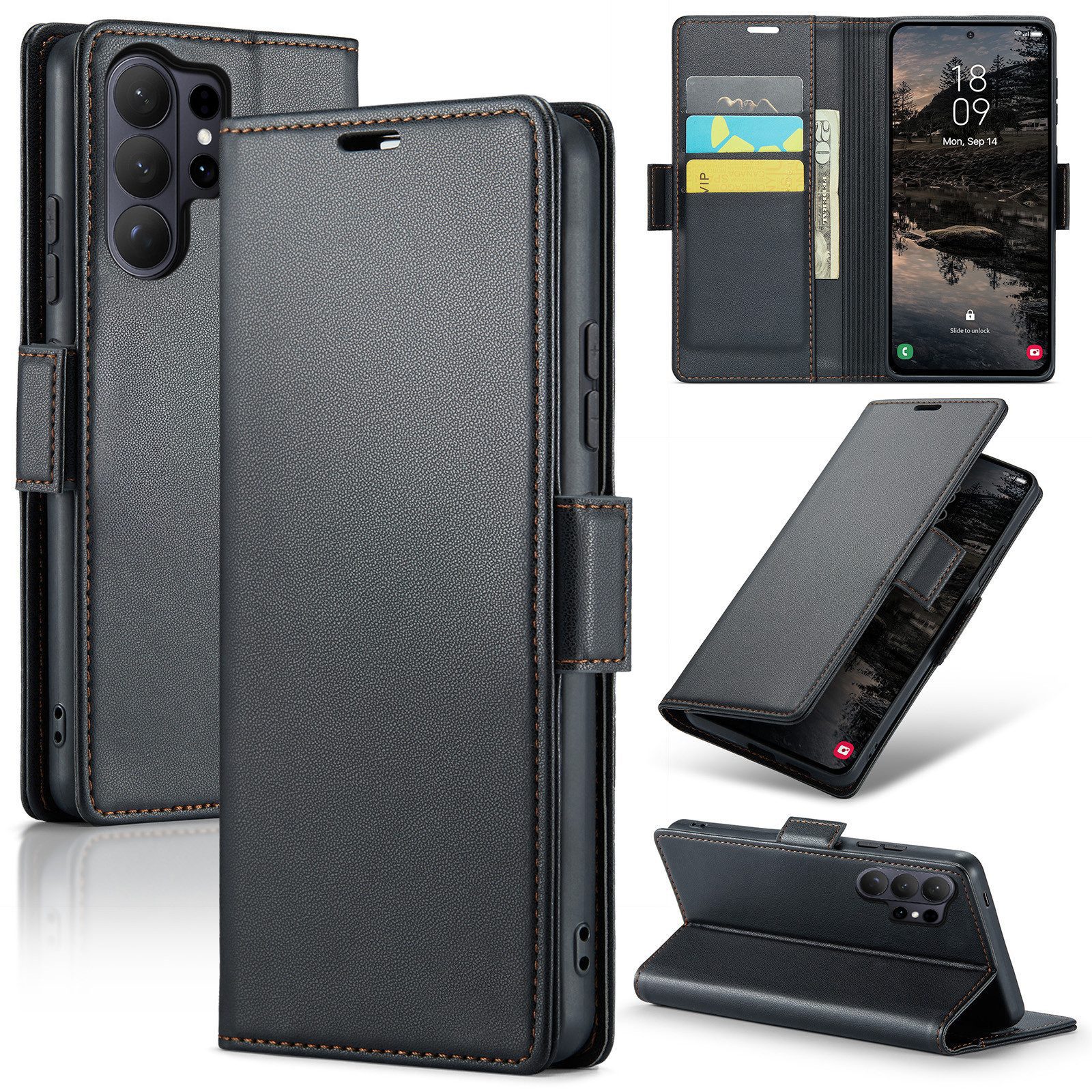 CLM-Tech Handytasche für Samsung Galaxy S26 Ultra 6,9 Zoll PU Leder Klapphülle (schwarz, 1-tlg., Flip Case inklusive Standfunktion und Kartenfächer), Magnetverschluss, RFID-Blockierung