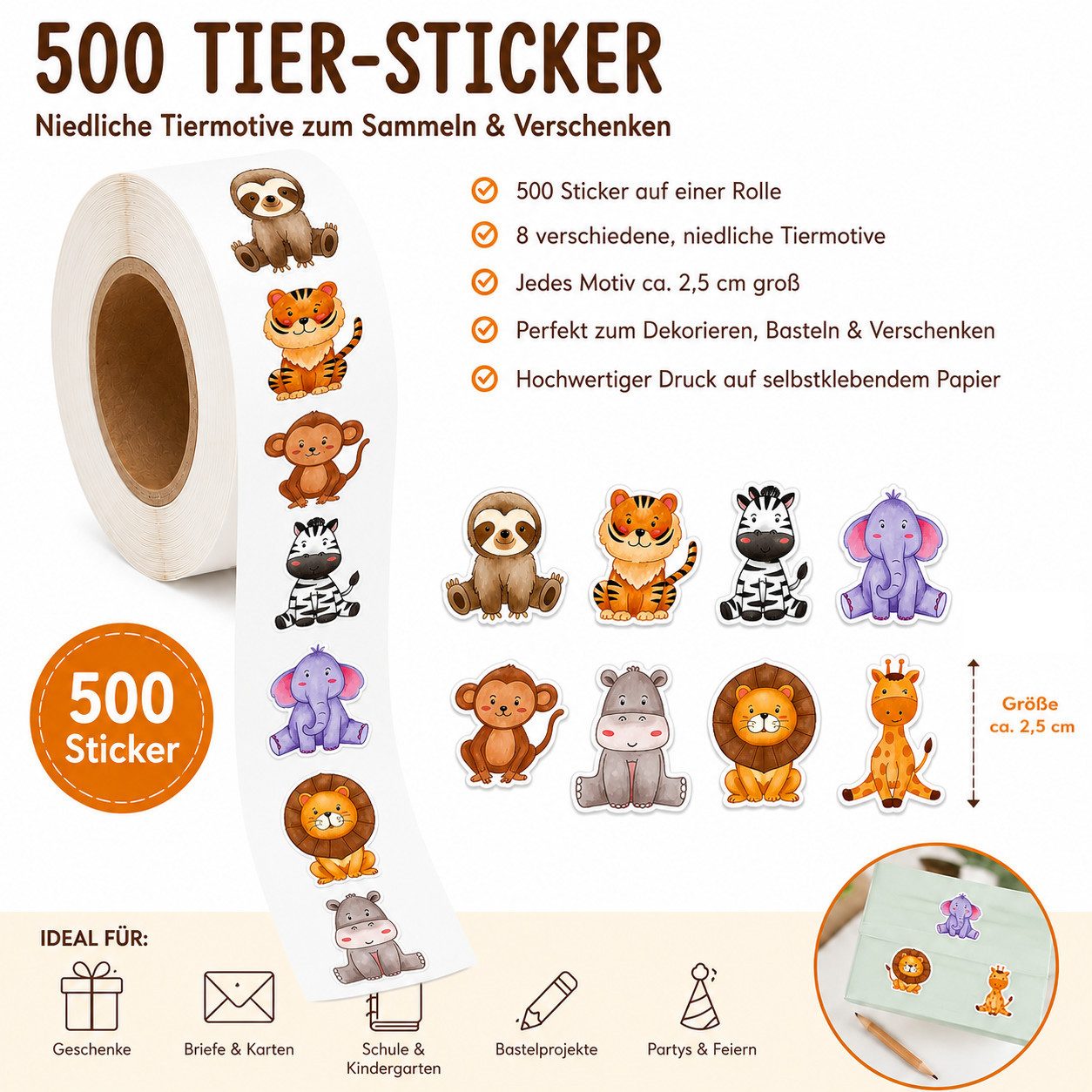 Ware aus aller Welt Sticker 500 Tiersticker auf Rolle 8 Motive Aufkleber selbstklebend, (500-tlg)
