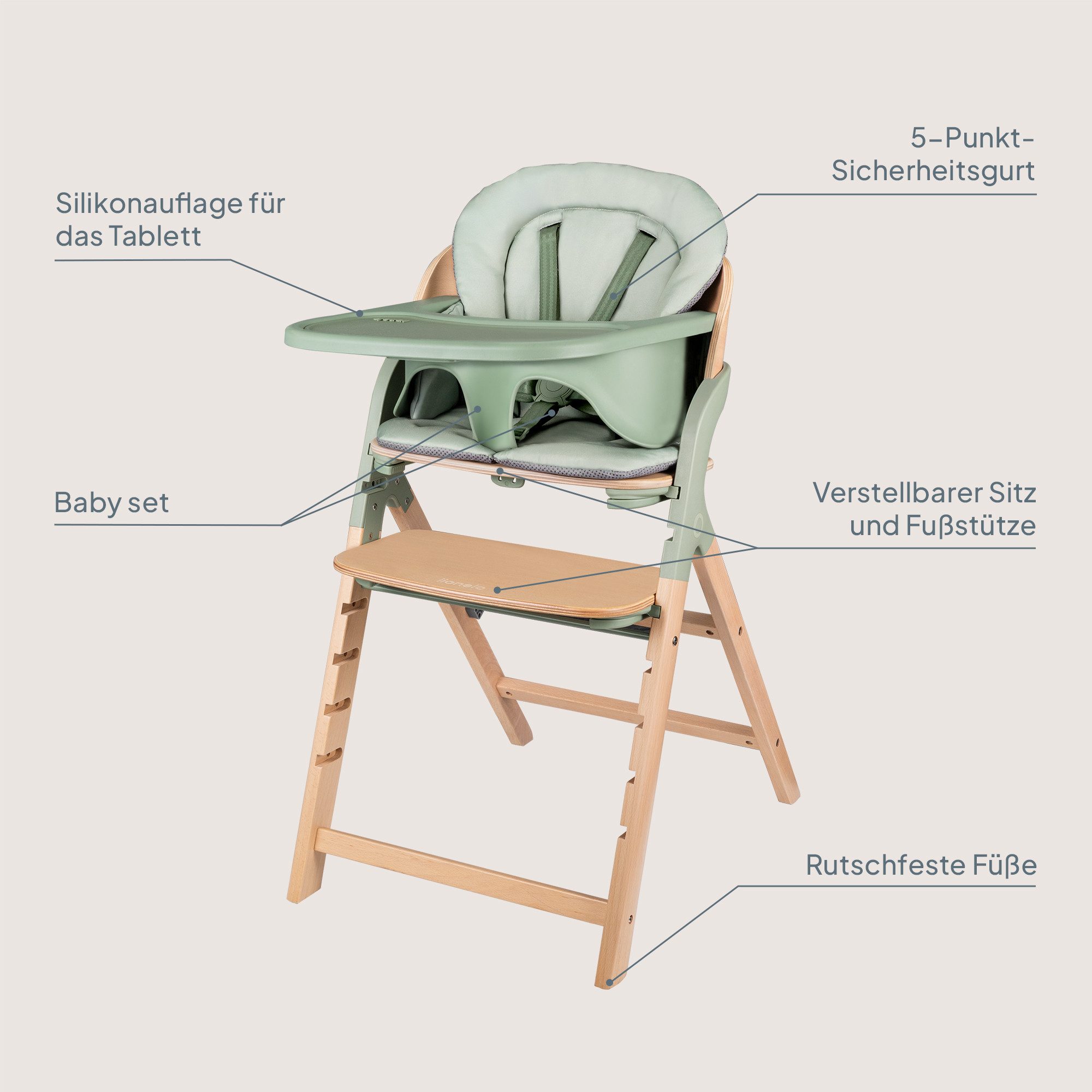 lionelo Hochstuhl MEGAN (Sitzkissen + Tablett), 3in1/mitwachsend/bis 110kg belastbar/werkzeuglos verstellbar