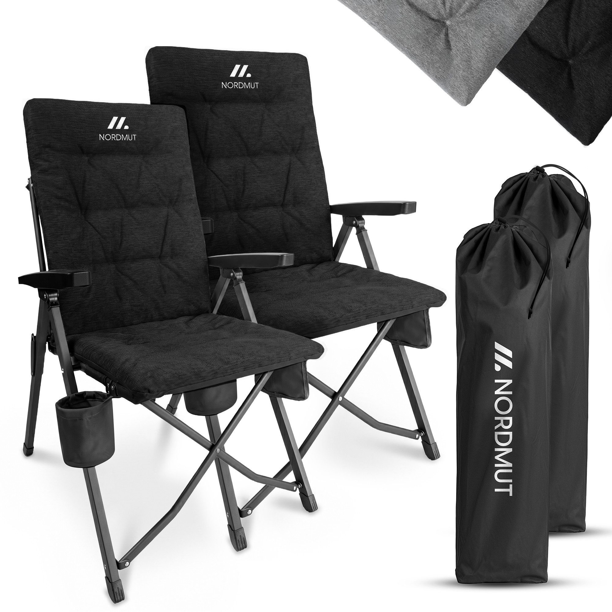 Nordmut Campingstuhl verstellbare Rückenlehne 4-fach, gepolstert, kompakt, Sitzen & Liegen (Spar-Set, 2 St), hohe Lehne, klappbar, 140kg belastbar, ergonomische Sitzform, Armlehne