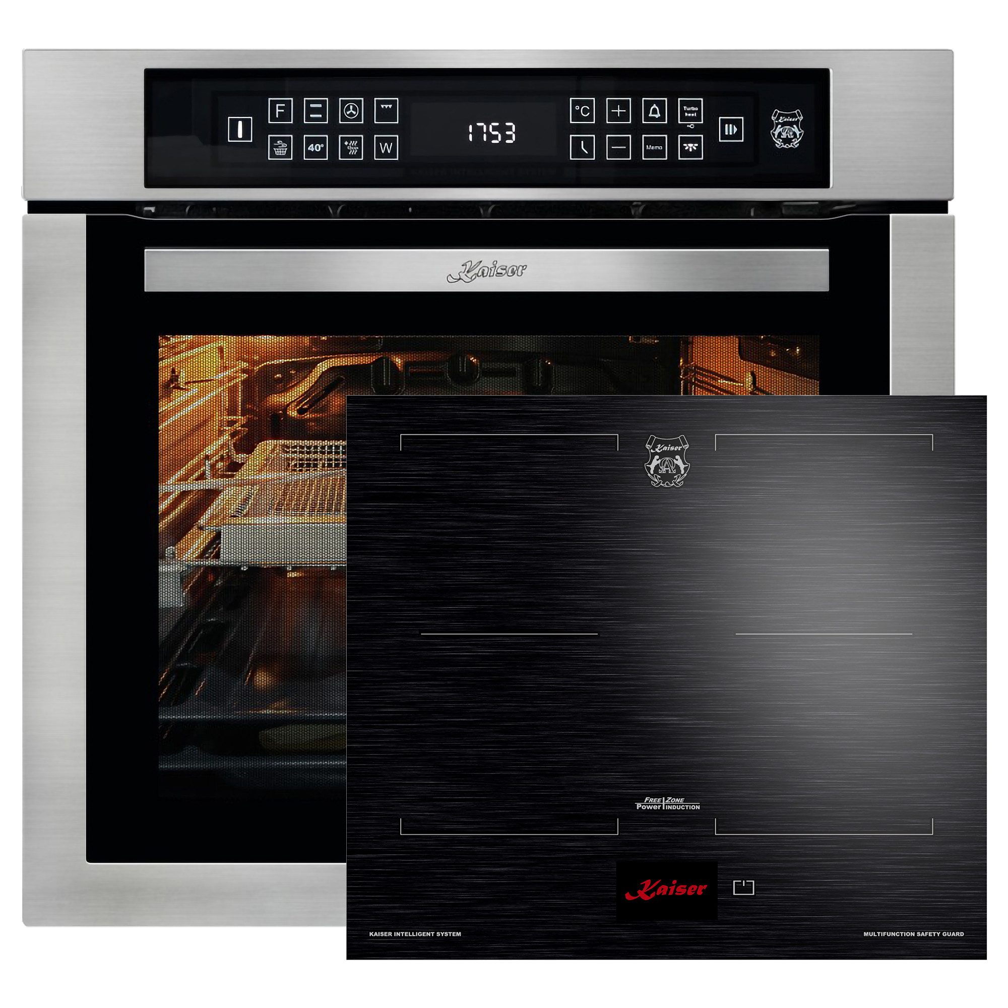 Kaiser Küchengeräte Backofen-Set Herd Set Autark Edelstahl Einbau Backofen 79L Temperatursonde – Bratautomatik 15 Fkt. Grill Air fryer Full Touch 60 cm mit Induktionskochfeld 60 cm FREE ZONE mit 2 FLEX Induktions-Zonen TFT Display EH 6306 R+KCT 6140 FI., mit 1-fach-Teleskopauszug