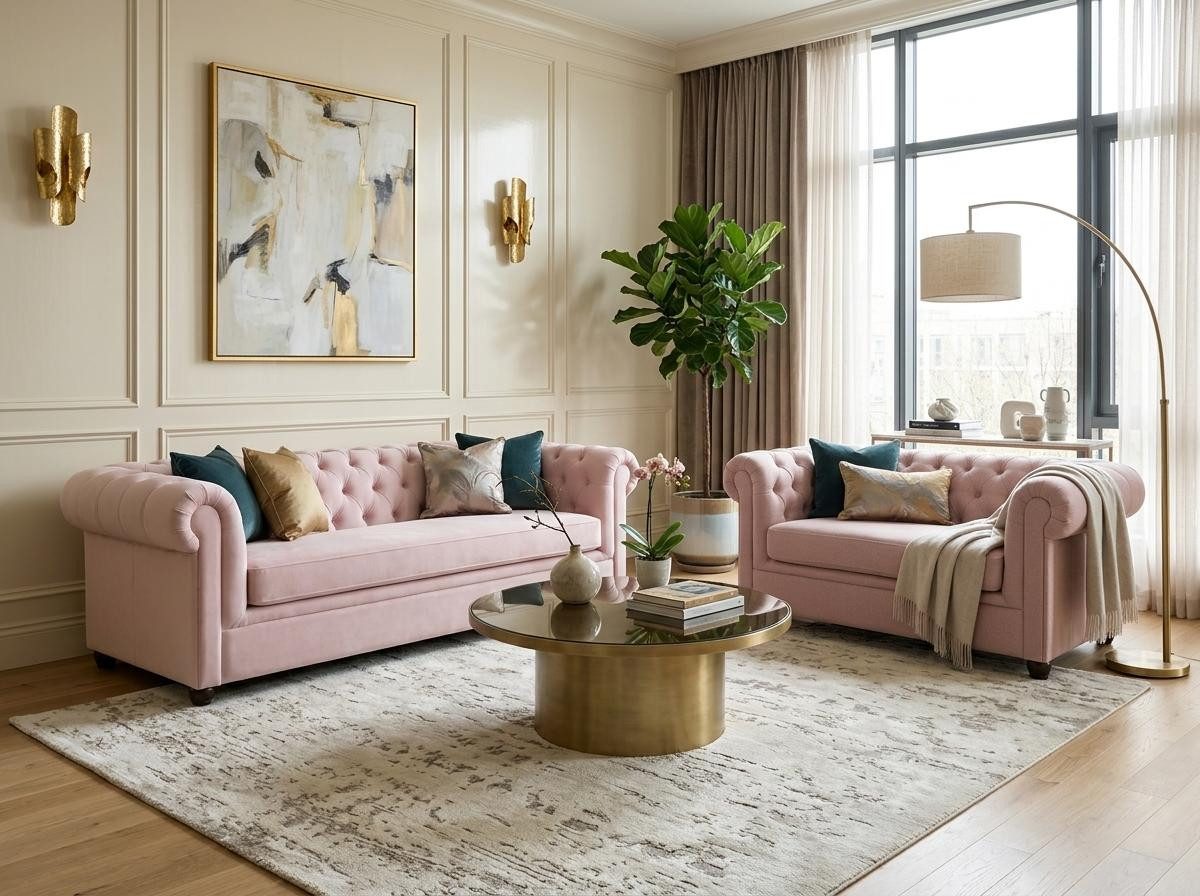 JVmoebel Chesterfield-Sofa Hellrosa Chesterfield Sofa 3+2-Sitzer Wohnzimmergarnitur, 2 Teile, Made in Europa