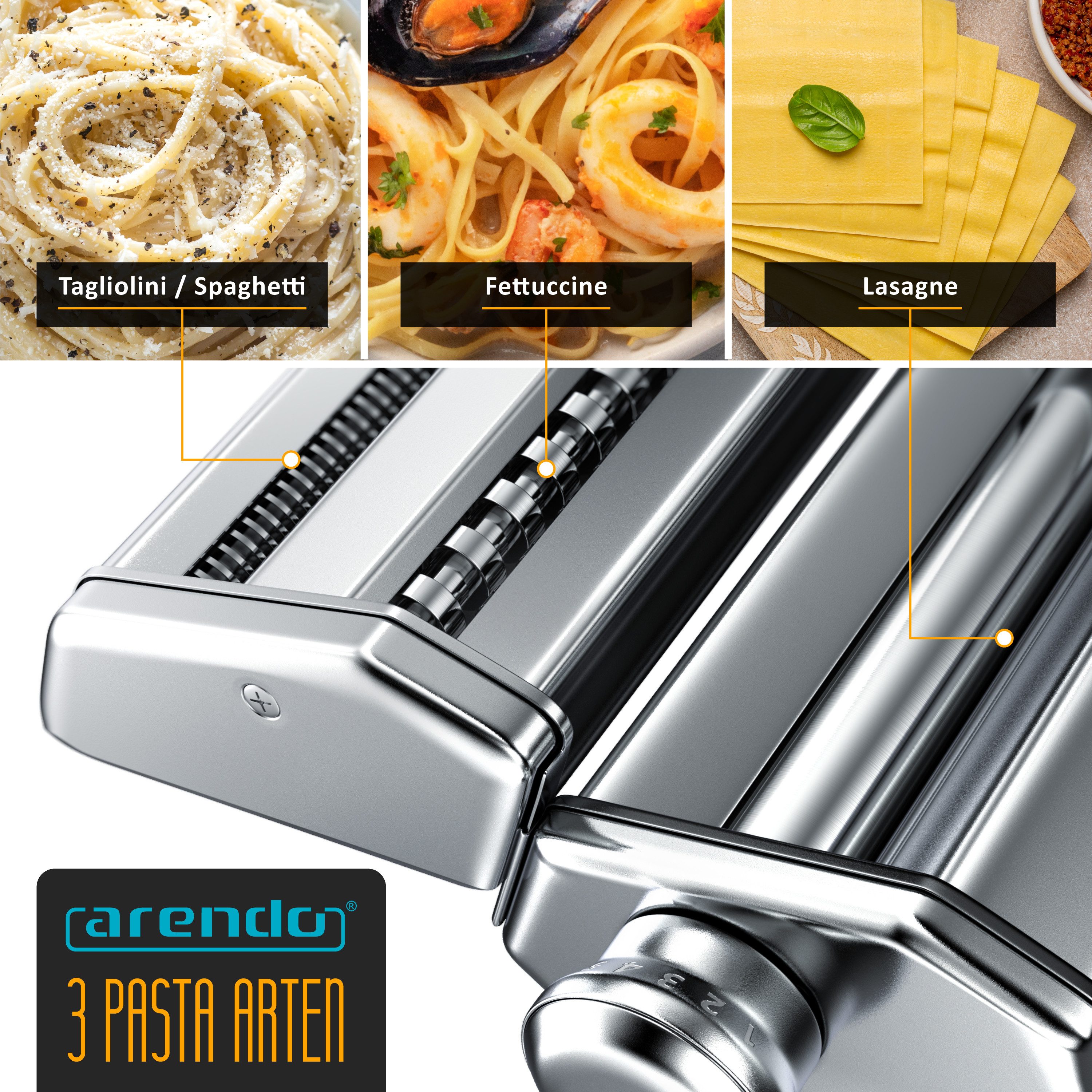 Arendo Nudelmaschine Manueller Pasta Maker, Edelstahl, Nudelpresse, 7 einstellbare Stärken, Duplexvorsatz für Spaghetti, Tagliatelle, Lasagne - 2mm und 6mm