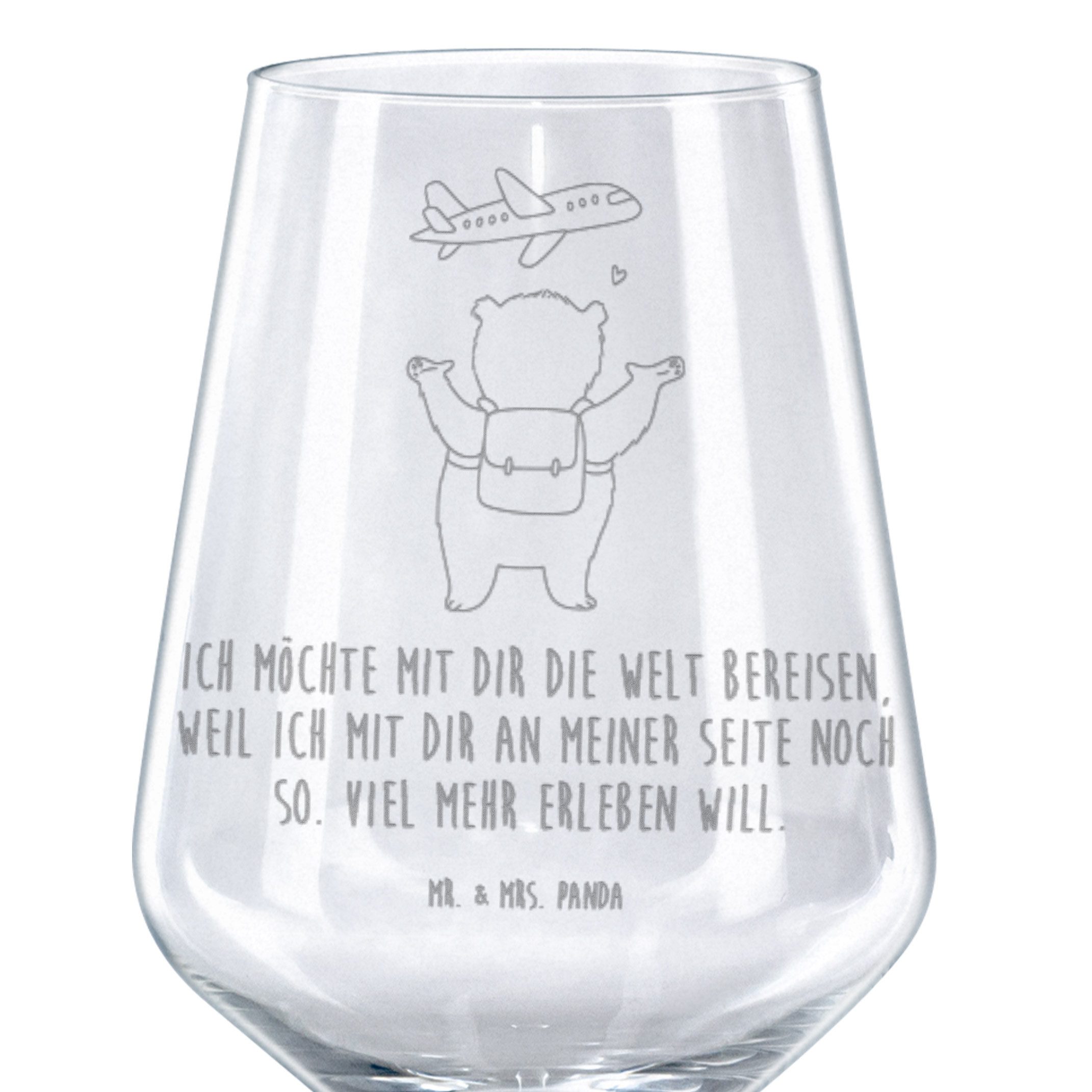 Mr. & Mrs. Panda Rotweinglas Bär Flugzeug, gravur weinglas, Transparent, Geschenk für Freundin, we, 1-tlg., Premium Glas