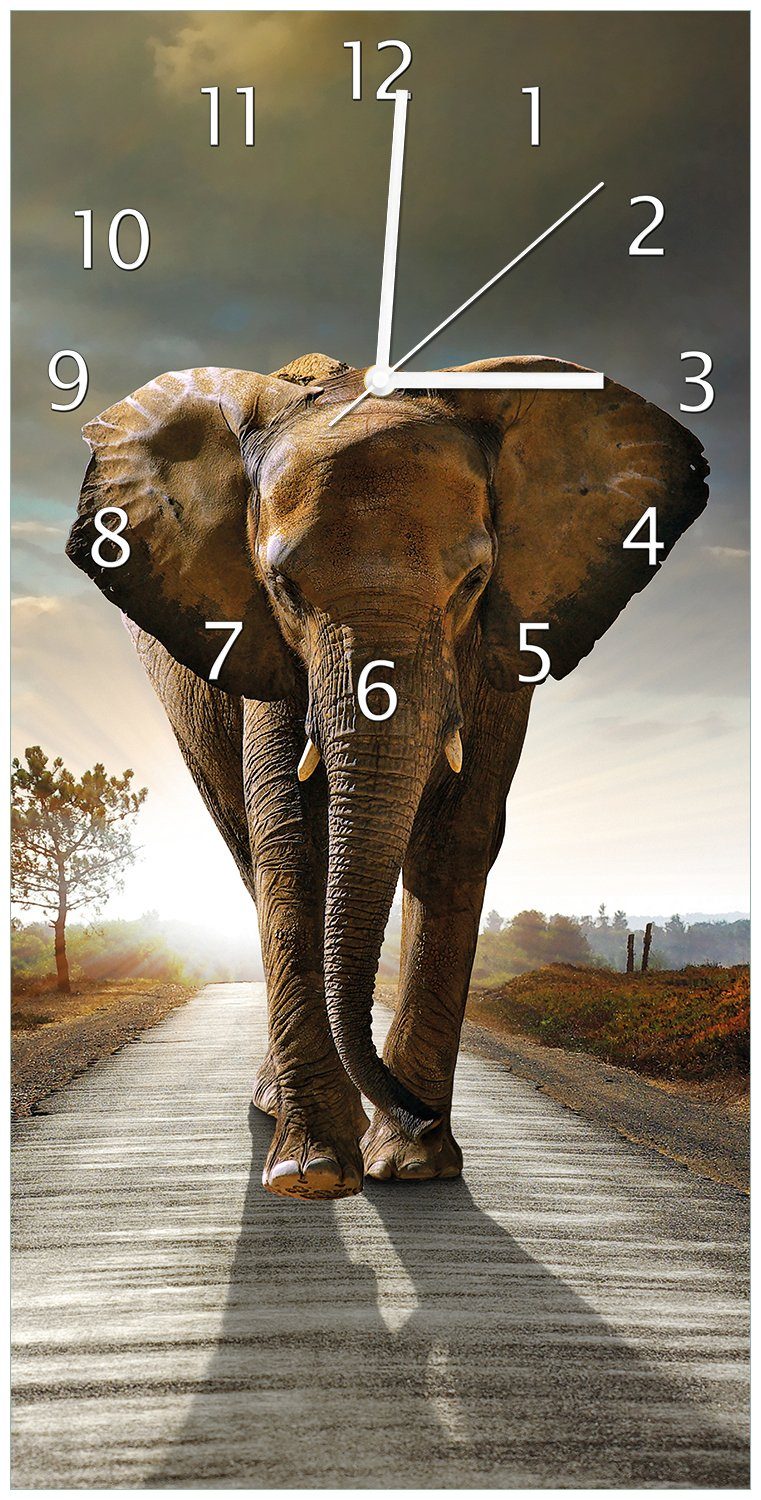 Wallario Wanduhr Elefant bei Sonnenaufgang Acryl) Afrika aus in (Uhr