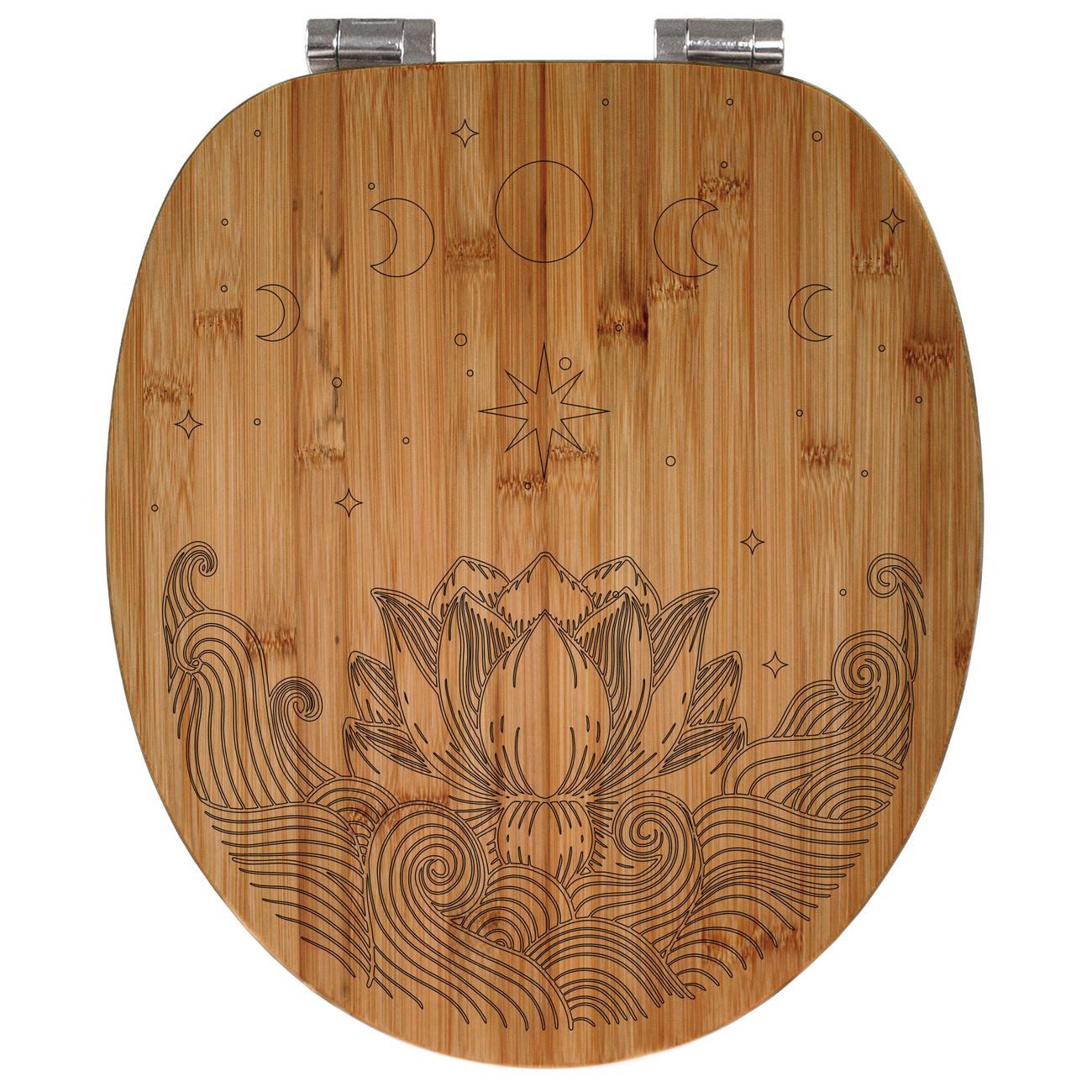 banjado WC-Sitz Bambus mit Gravur Lotus und Mondphasen (umweltfreundliches Material, integrierte Absenkautomatik), 45,8 x 37,5 x 5 cm