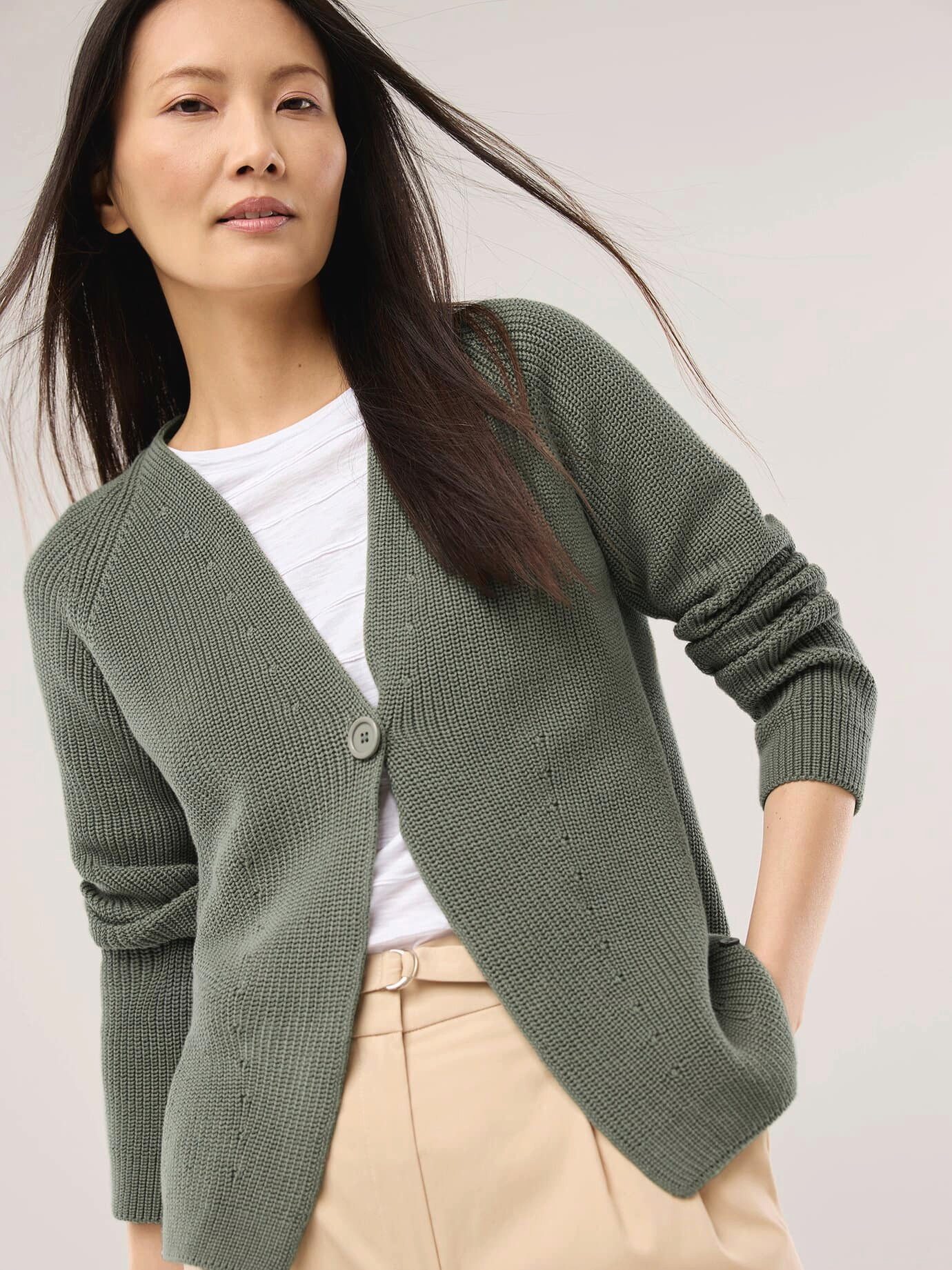 Walbusch Strickjacke Damen Strickjacke in Patentstrick V-Ausschnitt Langarm Baumwolle Cardigan mit großem Knopf, pflegeleicht & atmungsaktiv, Länge 62 cm