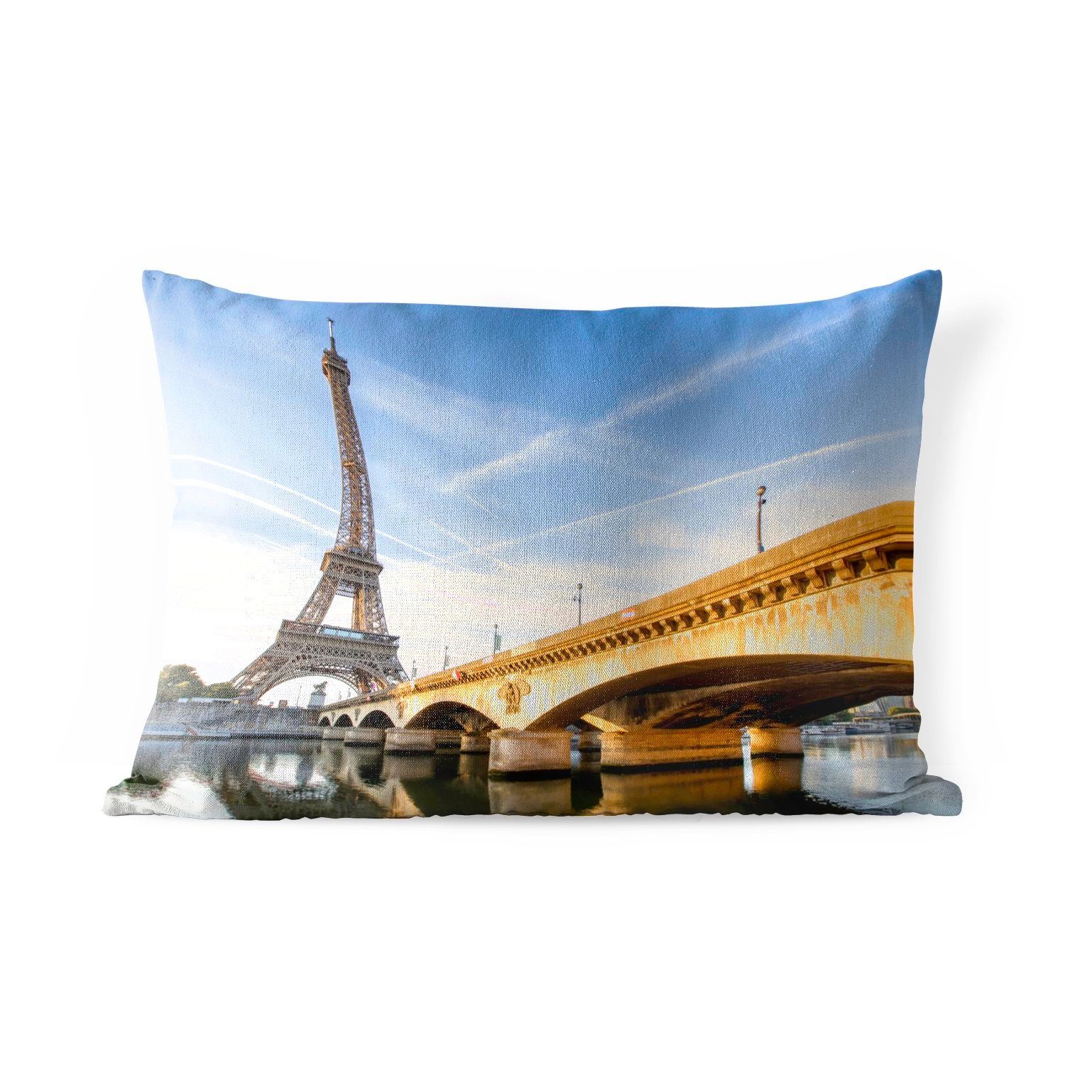 Brücke Eiffelturm und Outdoor-Dekorationskissen, Polyester, nach kurz der Schöne MuchoWow Dekokissen Kissenhülle Sonnenaufgang, Dekokissenbezug,