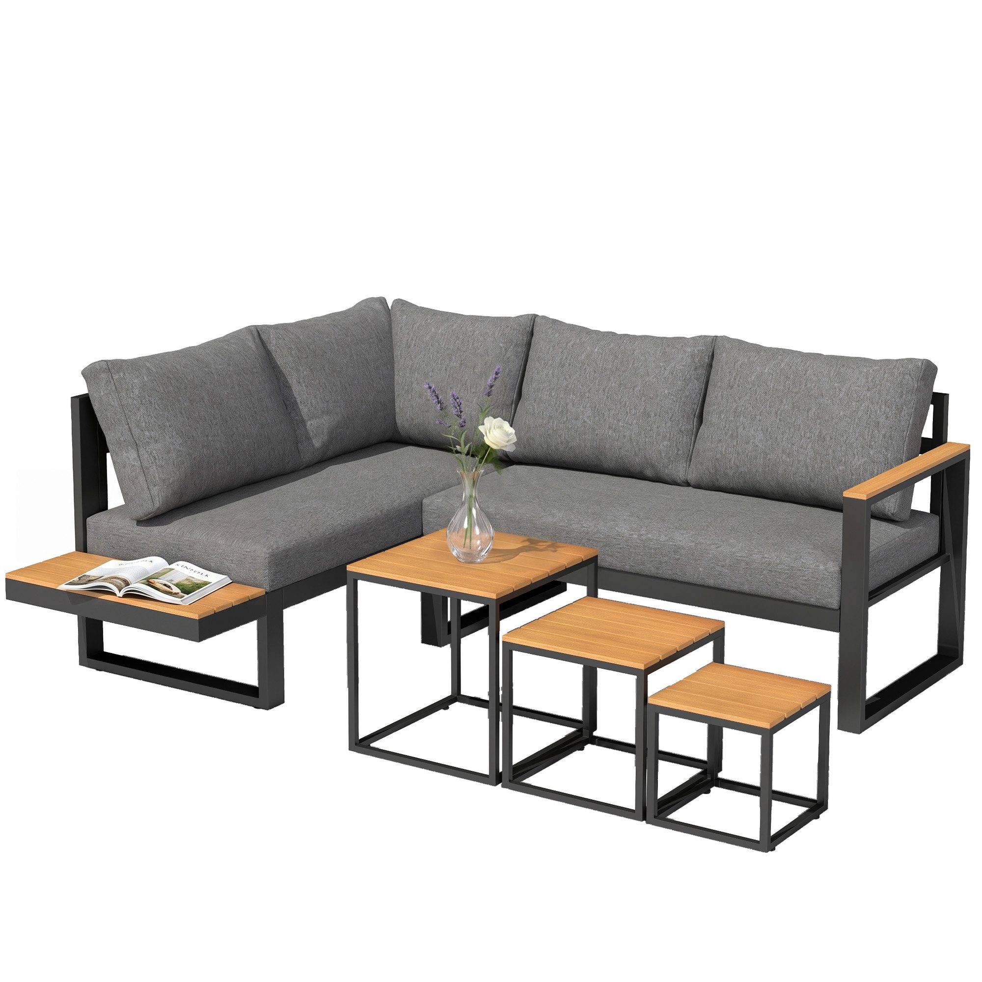 Outsunny Sitzgruppe 5tlg. Gartenmöbel-Set Gartengarnitur mit Ecksofa Doppelsofa Couchtisch, (Gartenlounge-Set, 5-tlg., Balkonmöbel-Set), für Terrasse, Balkon, Dunkelgrau