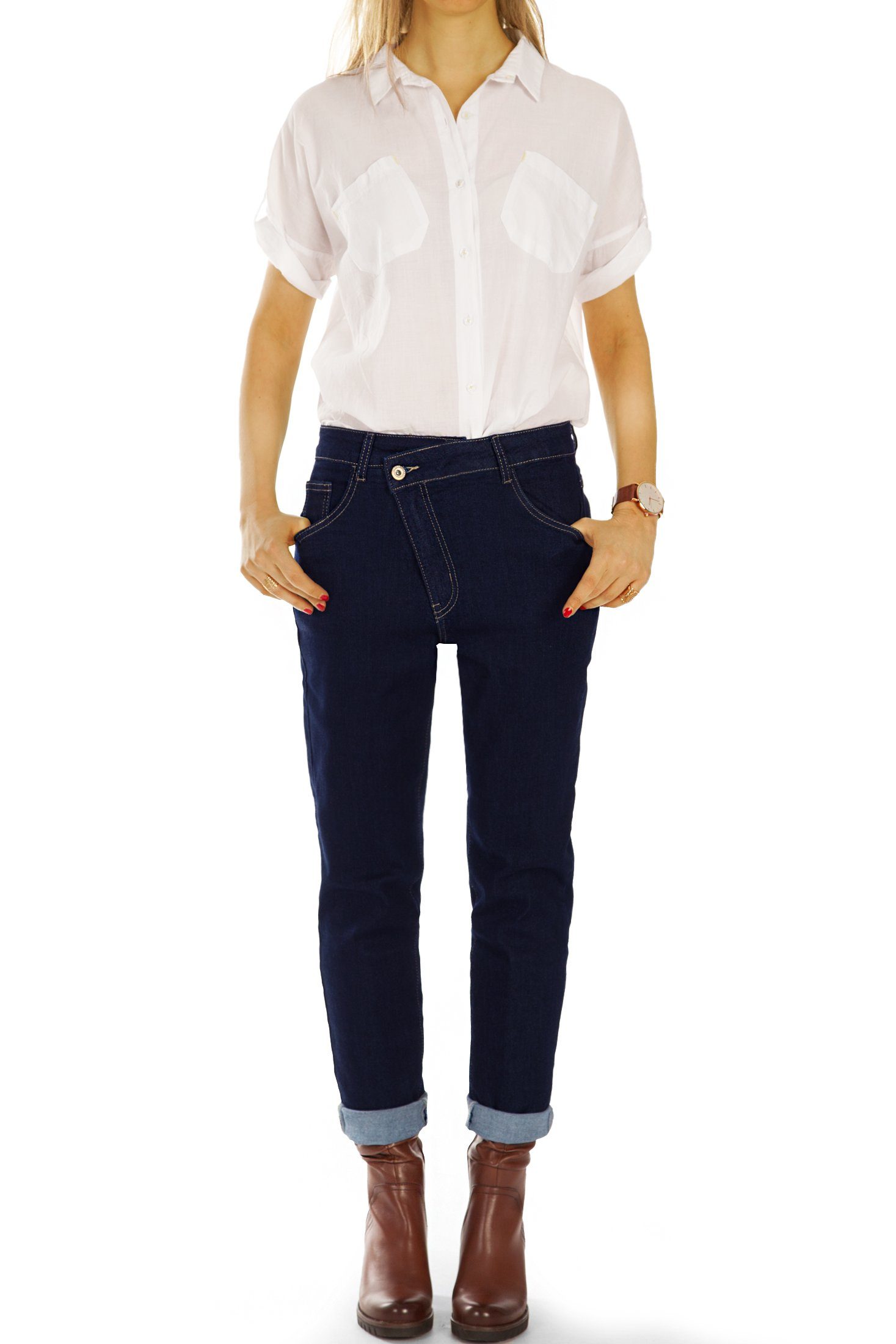 j3f mit Mom-Jeans styled Waist Stretch-Anteil, Jeans Boyfriend Hosen Damen Reißverschluss be Medium Mom 5-Pocket-Style, - Jeans - schräger