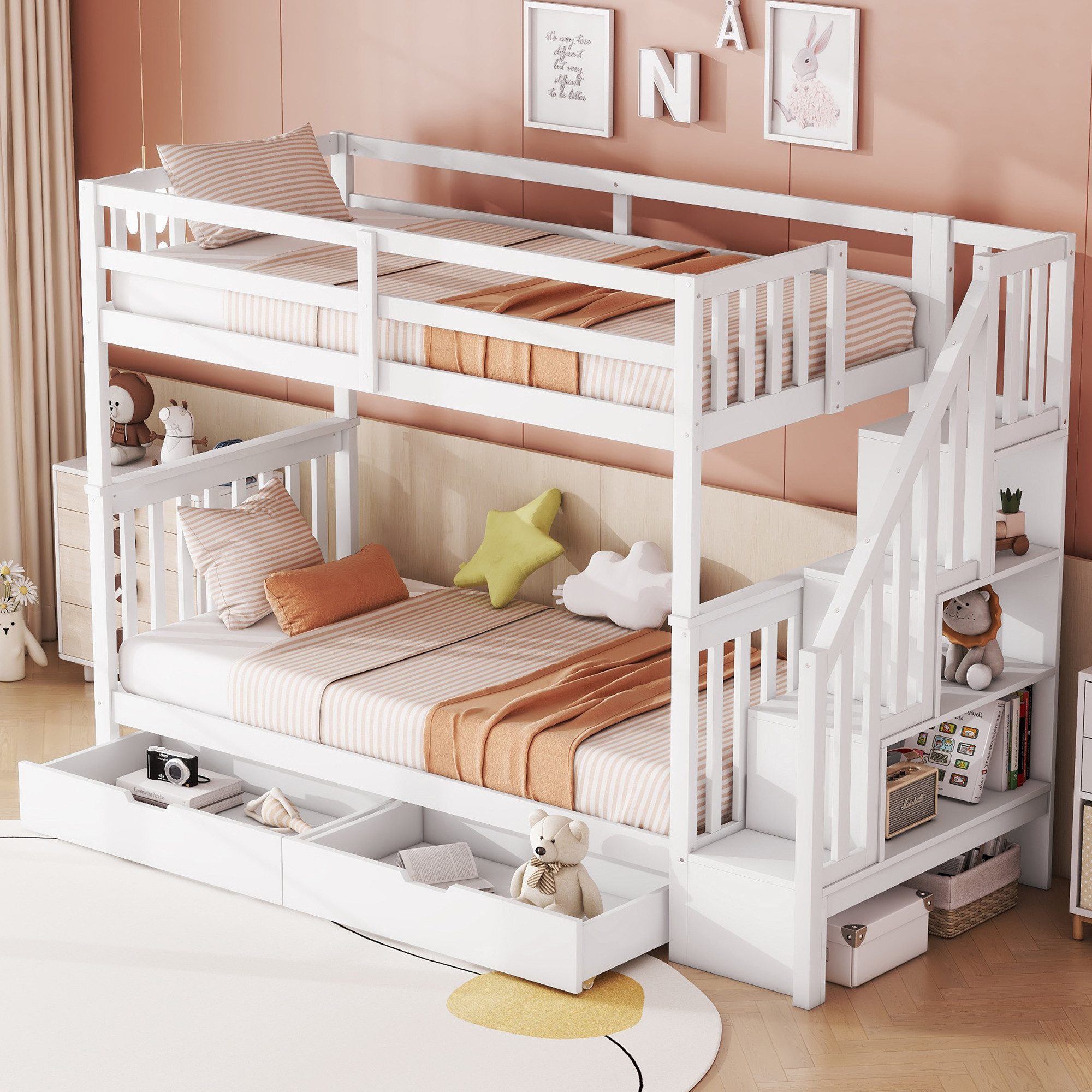 HAUSS SPOLE Etagenbett 90x200cm, mit zwei Schubladen, hohe Geländer, Treppe günstig online kaufen