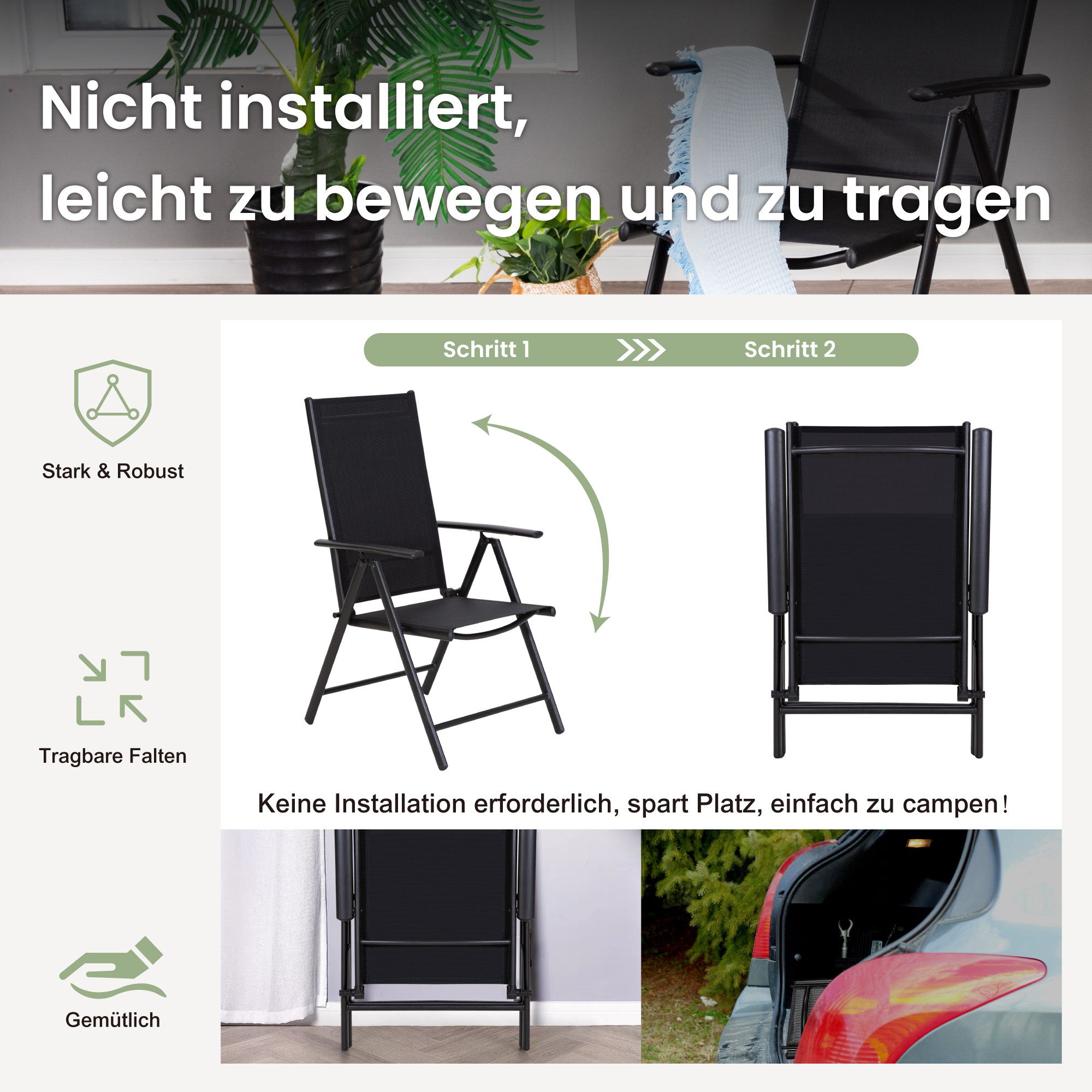 PHI VILLA Garten-Essgruppe, (6 Verstellbar mit 7 Sitzpositionen Gartenstühle klappbar, Terrassenmöbel Balkonmöbel Gartengarnitur Gartenmöbel Set), Wetterfest Garten Sitzgruppe