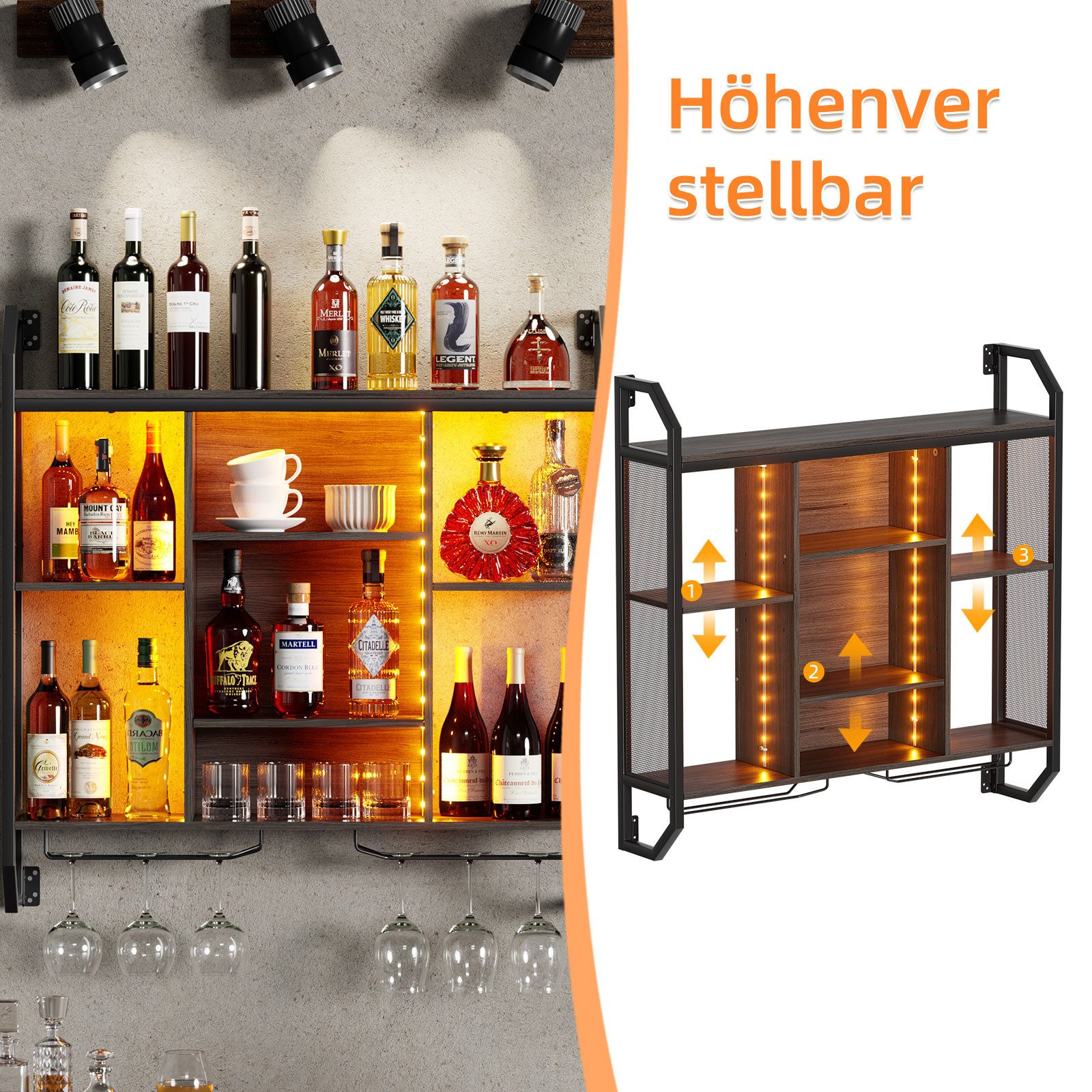 TWSOUL Weinregal Schwebende Wandregal Mit LED-Licht, mit Glasregal, Verstel günstig online kaufen