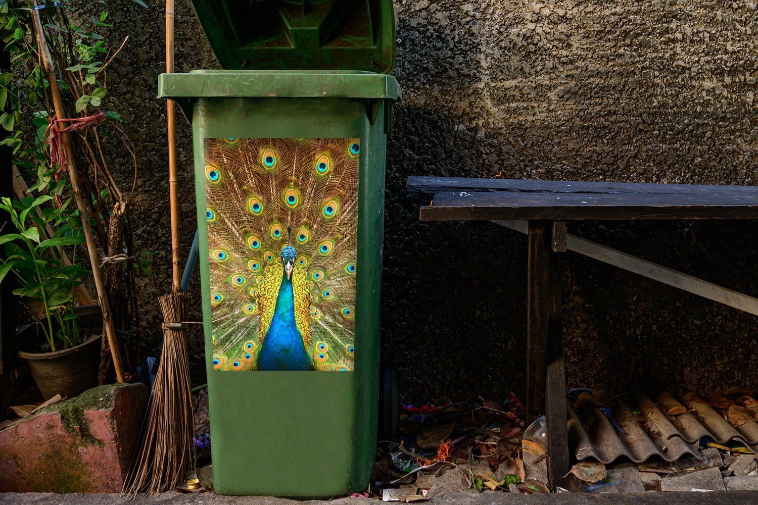 - St), Mülltonne, Container, (1 Blau Wandsticker Pfau Vogel MuchoWow Mülleimer-aufkleber, Abfalbehälter Sticker, -