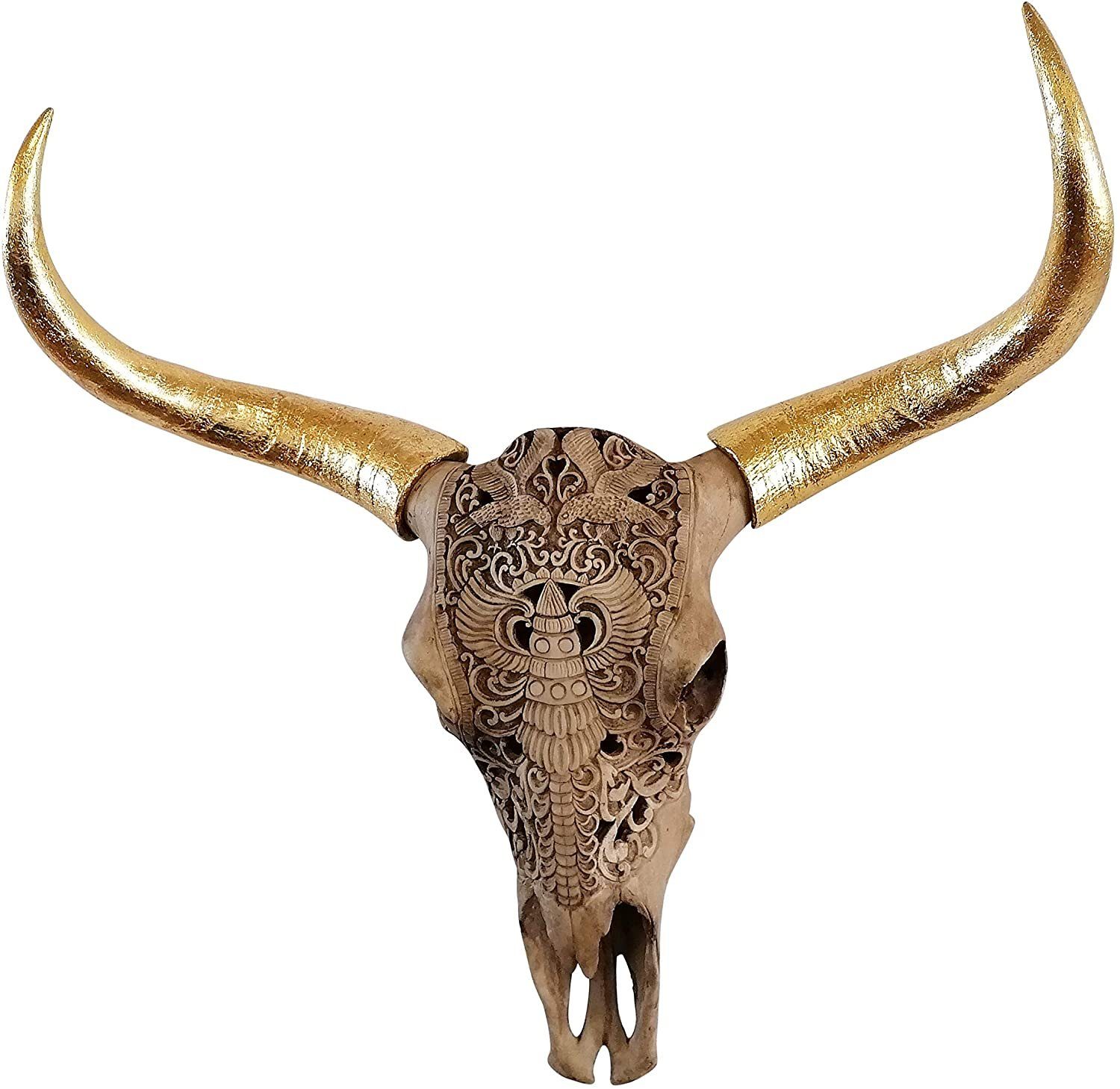 MichaelNoll Wanddekoobjekt Stierkopf Bullenschädel Polyresin Gold Groß - Wanddeko - XXL 72 cm