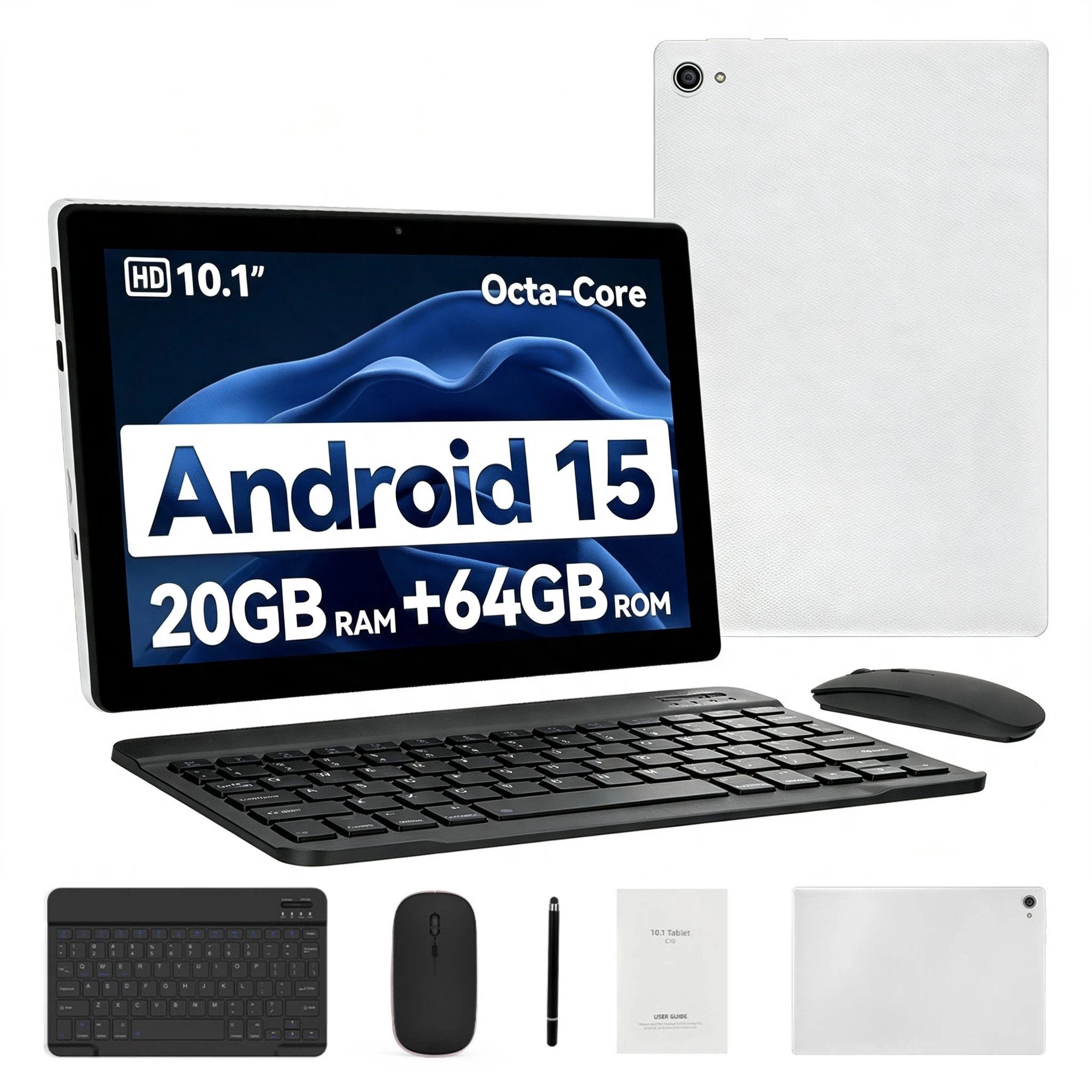 Happybe 10,1 Zoll 64GB, Android, HD 1280x800, mit Tastatur, Maus und Stylus Tablet (10", 64 GB, Android 15, WiFi6, 20(3+17)GB RAM, Widevine L1, Octa-Core)