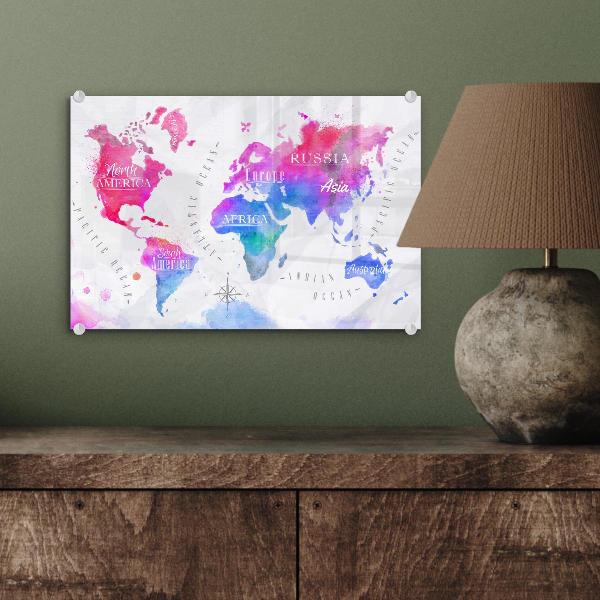 Wandbild - Weltkarte auf MuchoWow auf Ölfarben, Glasbilder - - Acrylglasbild Wanddekoration (1 Bilder Farben - Glas Foto St), Glas -