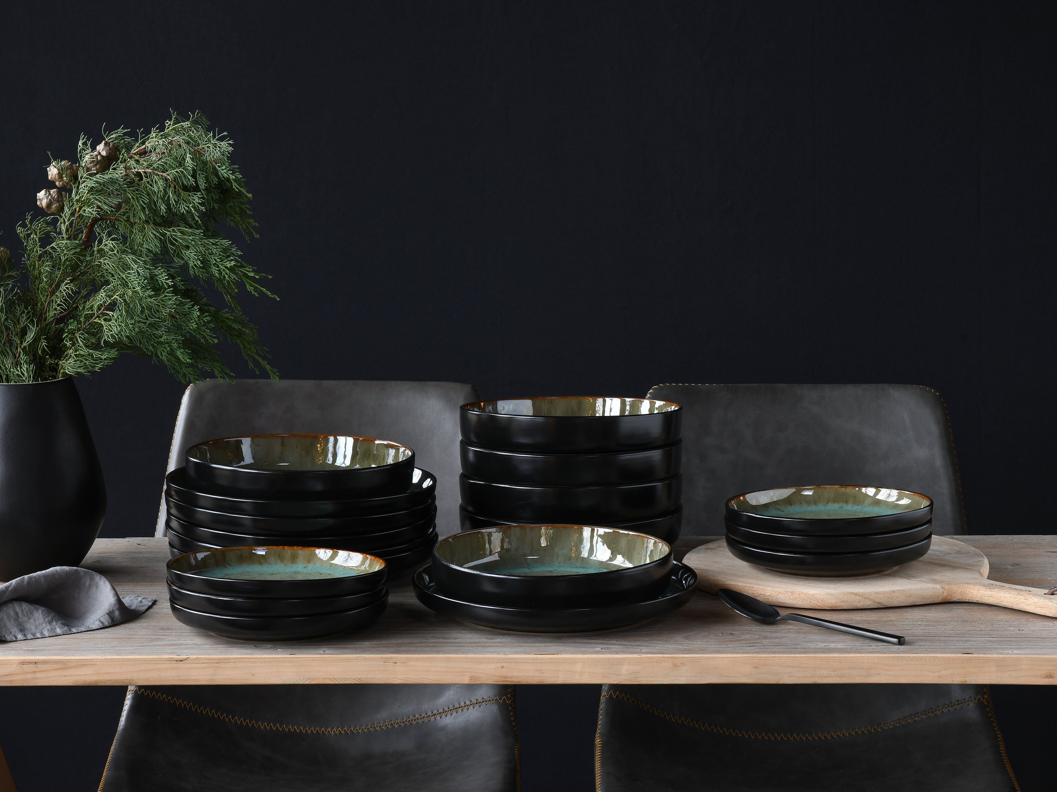 CreaTable Teller-Set Nordic Fjord (18-tlg), 6 Personen, Steinzeug, je 6 Speiseteller 26 cm, Suppenteller 22,5 cm, Dessertteller 19,5 cm