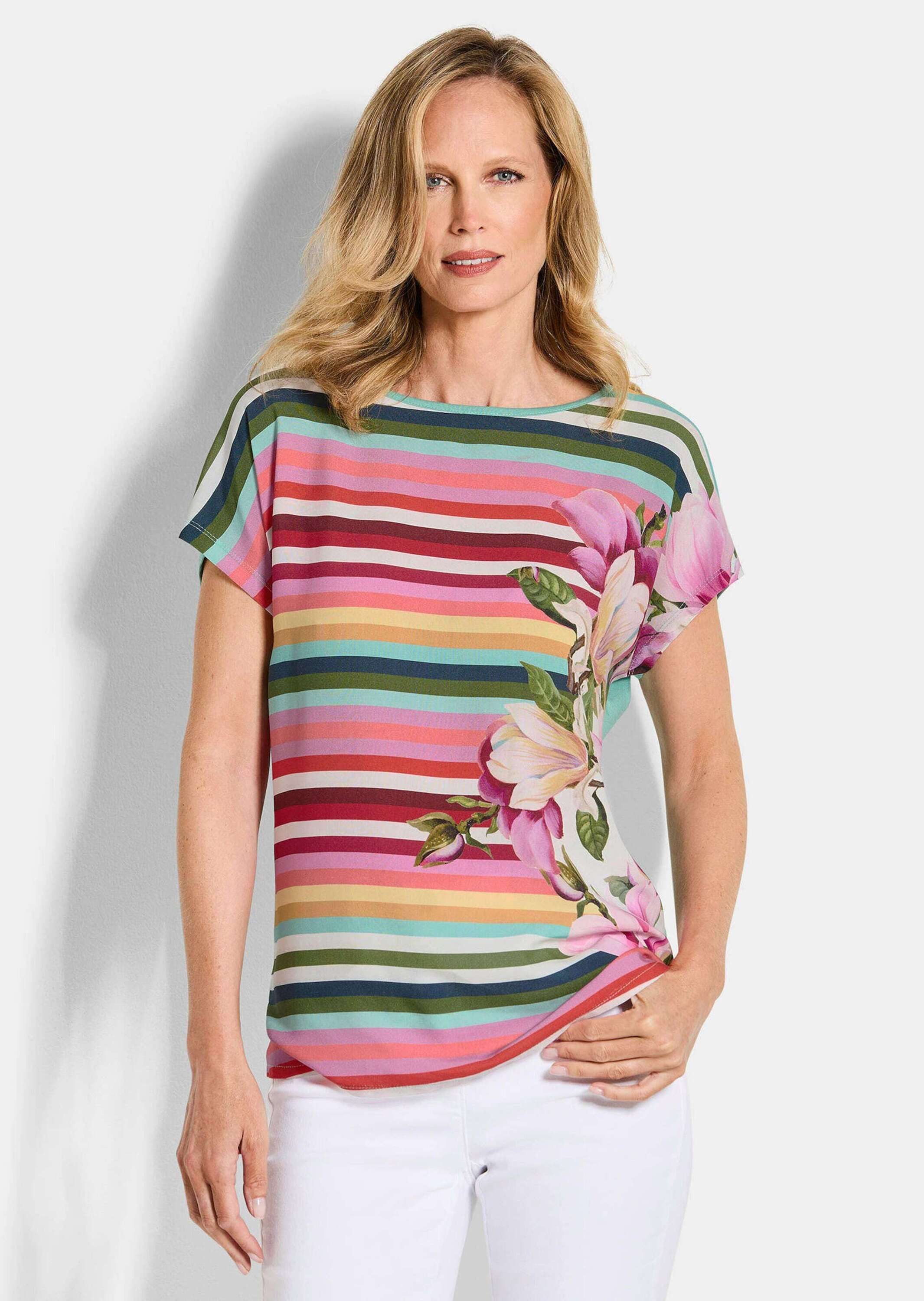 GOLDNER Schlupfbluse Streifenshirt mit floralen Akzenten Viskoseshirt mit U-Boot-Ausschnitt, Jersey-Rückseite und ohne Arm