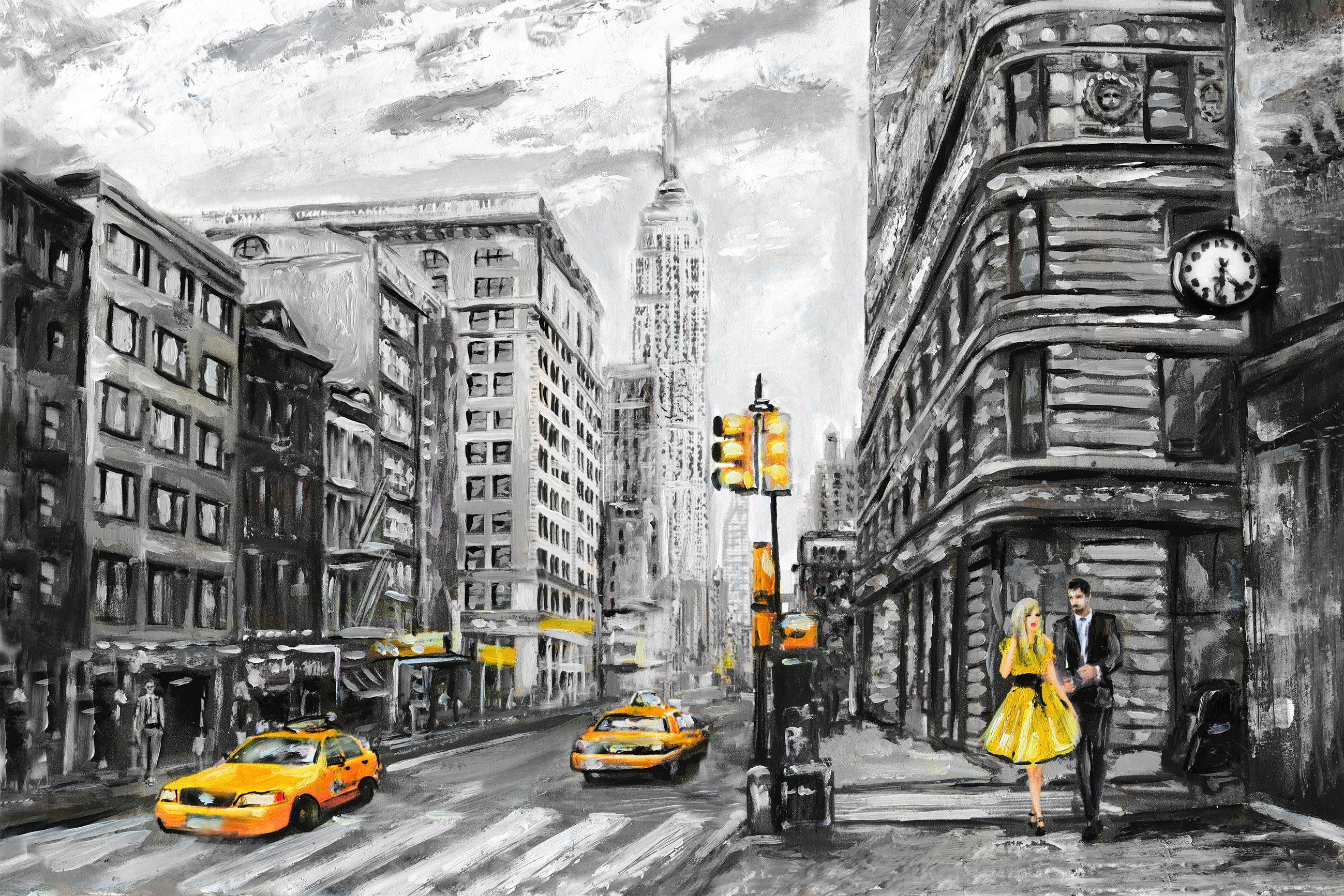 queence Leinwandbild New York, Amerika, New York, Schwarz-Weiß, Städte, Taxis, Wanddeko, schwarz, weiß, gezeichnet, Amerika, Premium Leinwandstoff