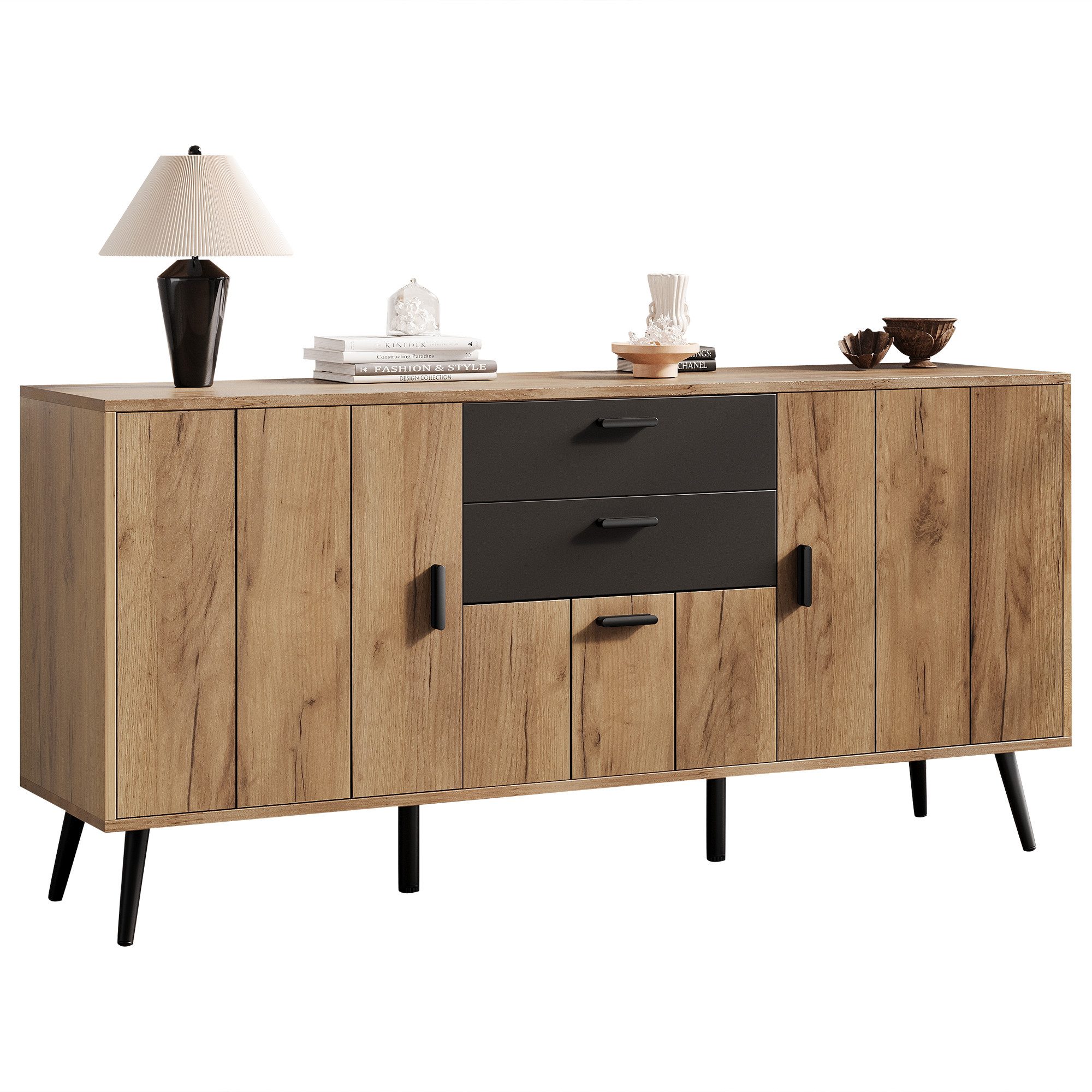Merax Sideboard mit 2 Schubladen, 3 Türen & großer Ablagefläche (140x35x67 cm, 1 St), Aufbewahrungsschrank Schwarz Holzoptik Kommode Beistellschrank