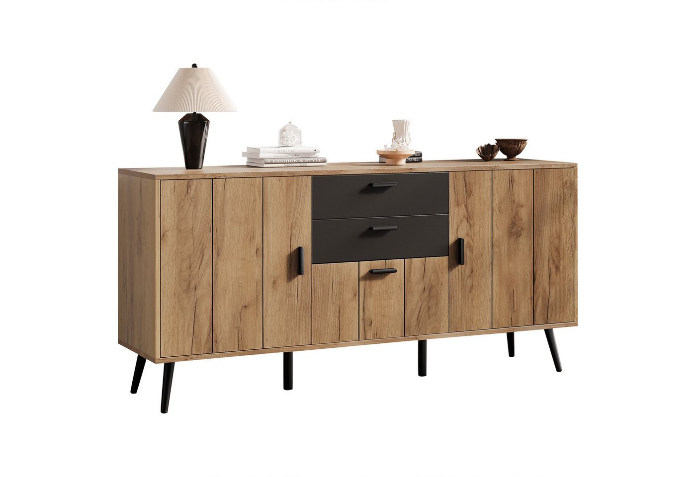 Merax Sideboard mit 2 Schubladen, 3 Türen & großer Ablagefläche (140x35x67 cm, 1 St), Aufbewahrungsschrank Schwarz Holzoptik Kommode Beistellschrank