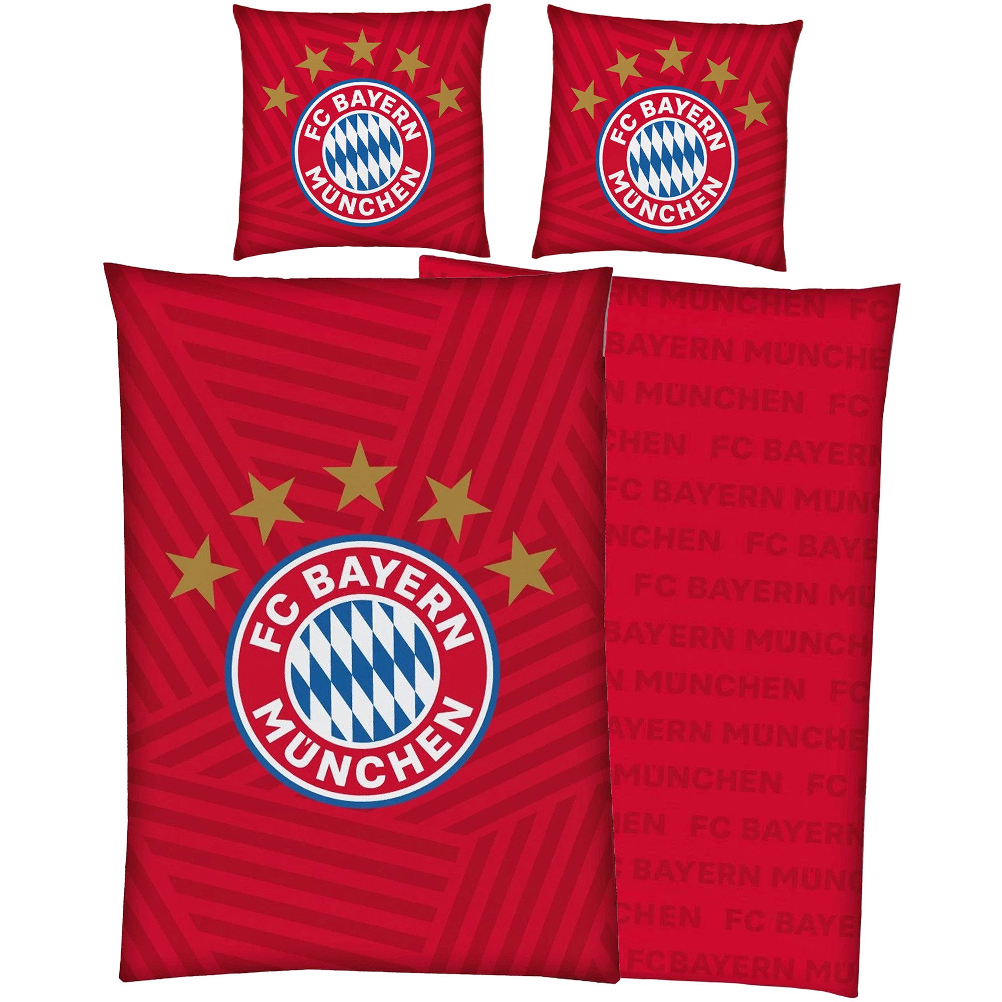 BERONAGE Wendebettwäsche FC Bayern München Bettwäsche " 5 Sterne Rot " Linon / Renforcé, Baumwolle, 2 teilig, 135x200 + 80x80 cm