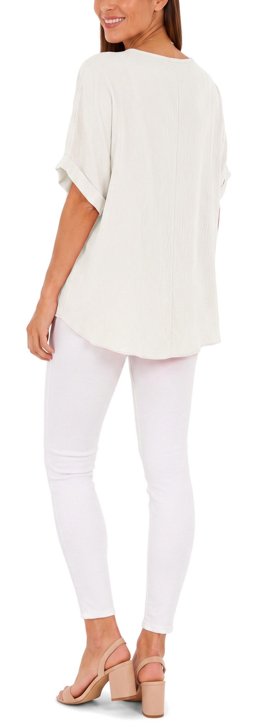 dy_mode Kurzarmbluse Kurzarmbluse Damen Blusenshirt Oberteil Oversize Tunika in Unifarbe, mit Statementkette