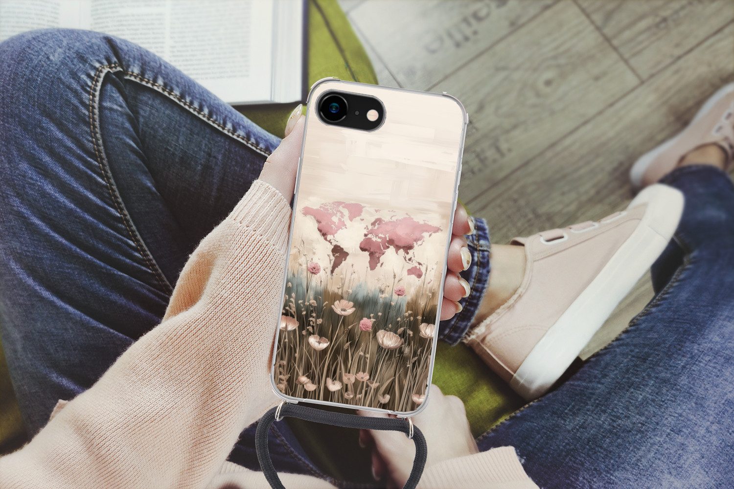MuchoWow Handyhülle für Apple iPhone 8 Weltkarte - Rosa - Blumen, Tragbare Handyhüllen mit Kette zum umhängen, Handykette Handyband