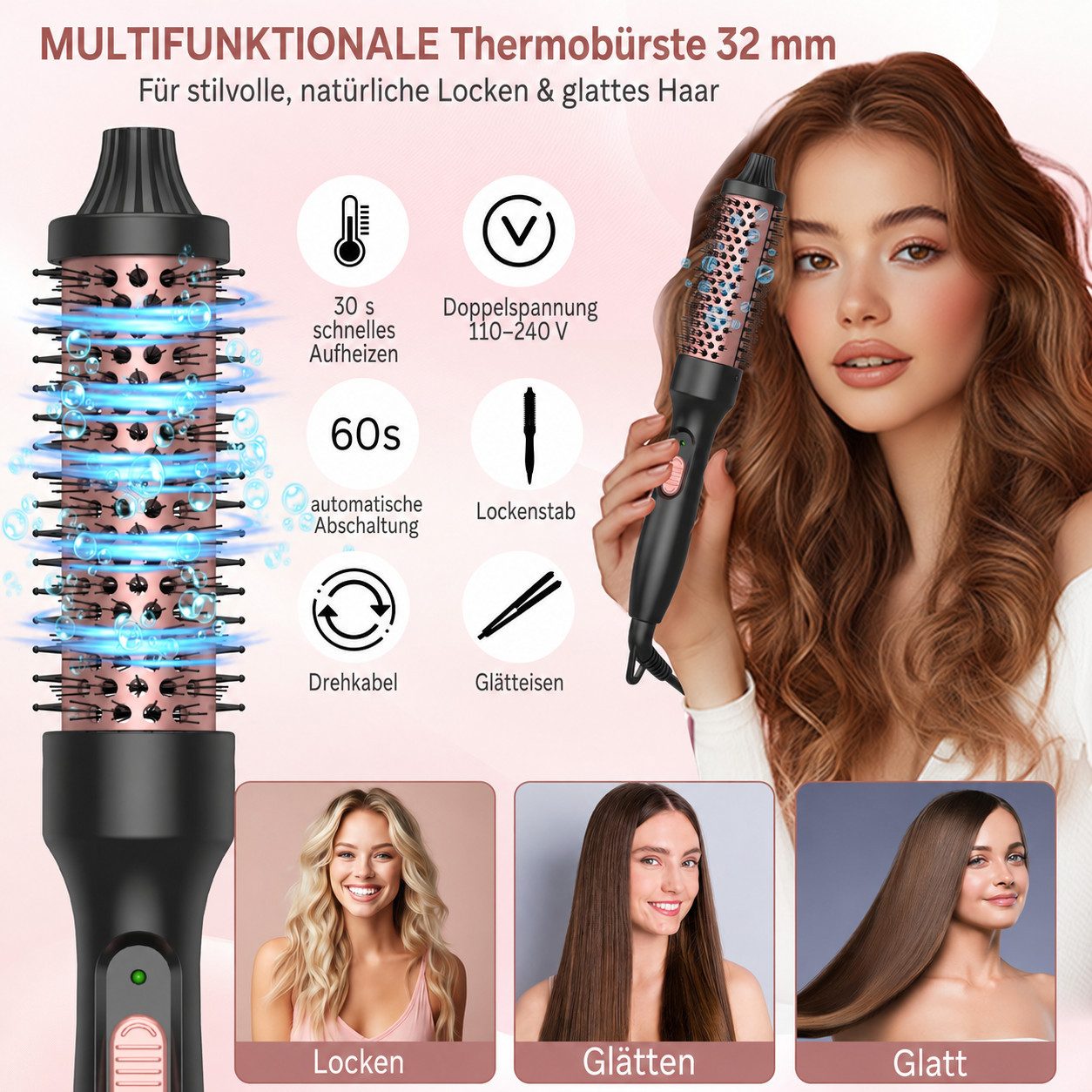 UKLISS Elektrohaarbürste 32 mm Thermobürste 200 °C – leichte professionelle Rundbürste, 3-in-1 Heißbürste mit Doppelspannung, ideal für Einsteiger & Reisen