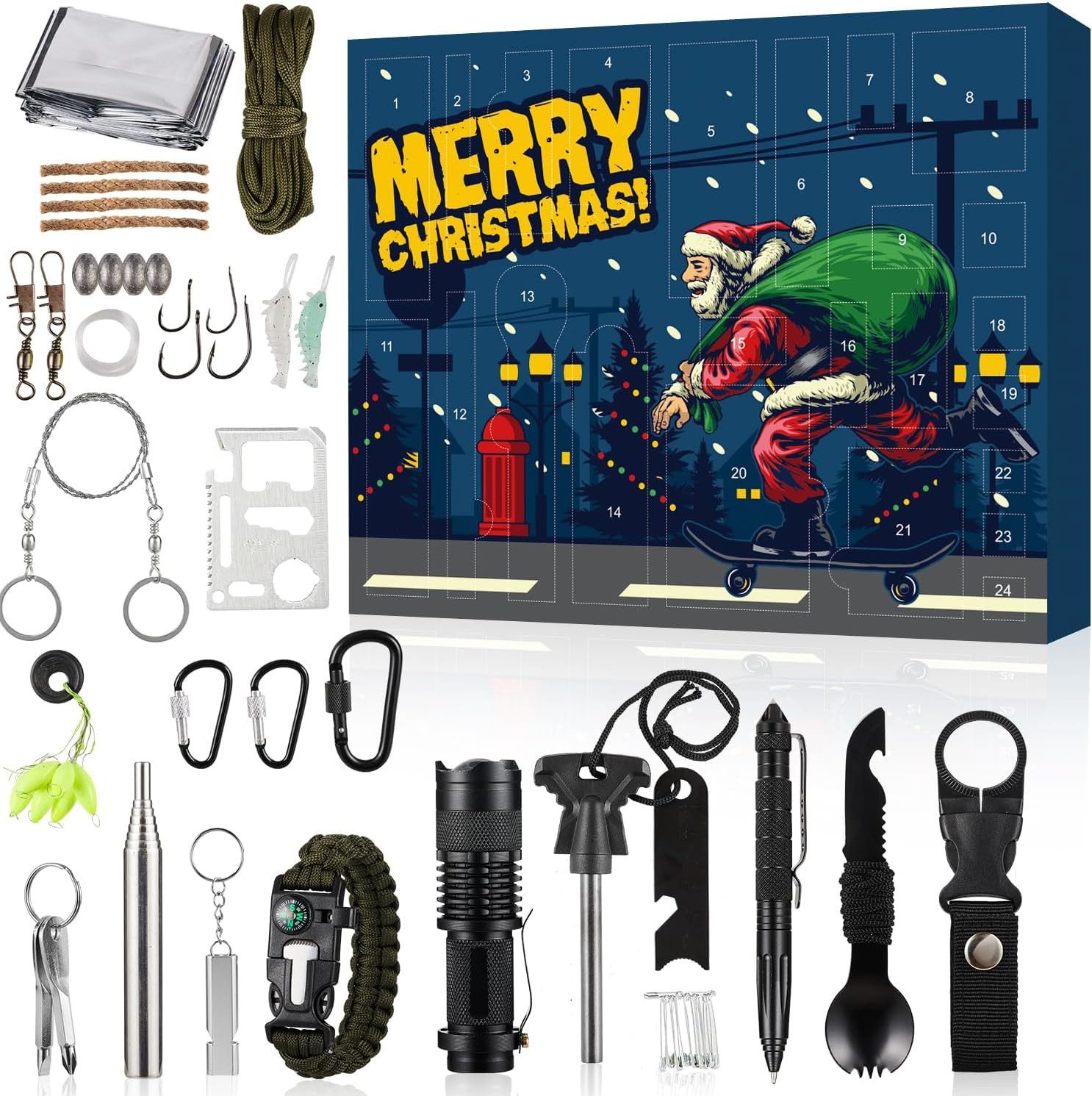 AURIVION Taschenmesser Survival Adventskalender 2024 mit 24 Outdoor Gadgets, (Set, 1 St., Weihnachts Countdown Kalender für Camping, Angeln & Jagd), Survival Adventskalender 24 Tage mit Outdoor Gadgets