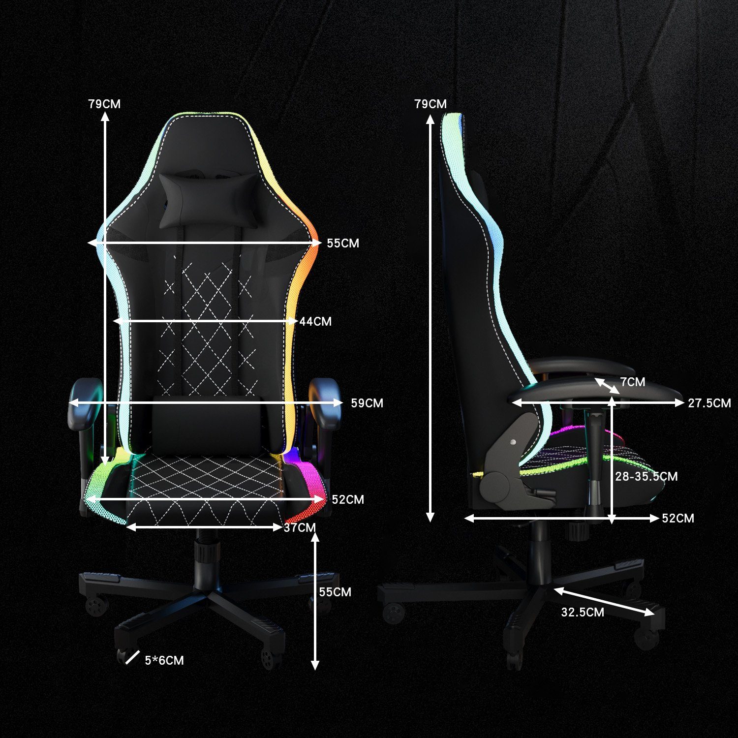 GUNJI Gaming Chair Gaming PU-Leder mit kg Bürostuhl 150 Schwarz für Stuhl LED, Belastbarkeit