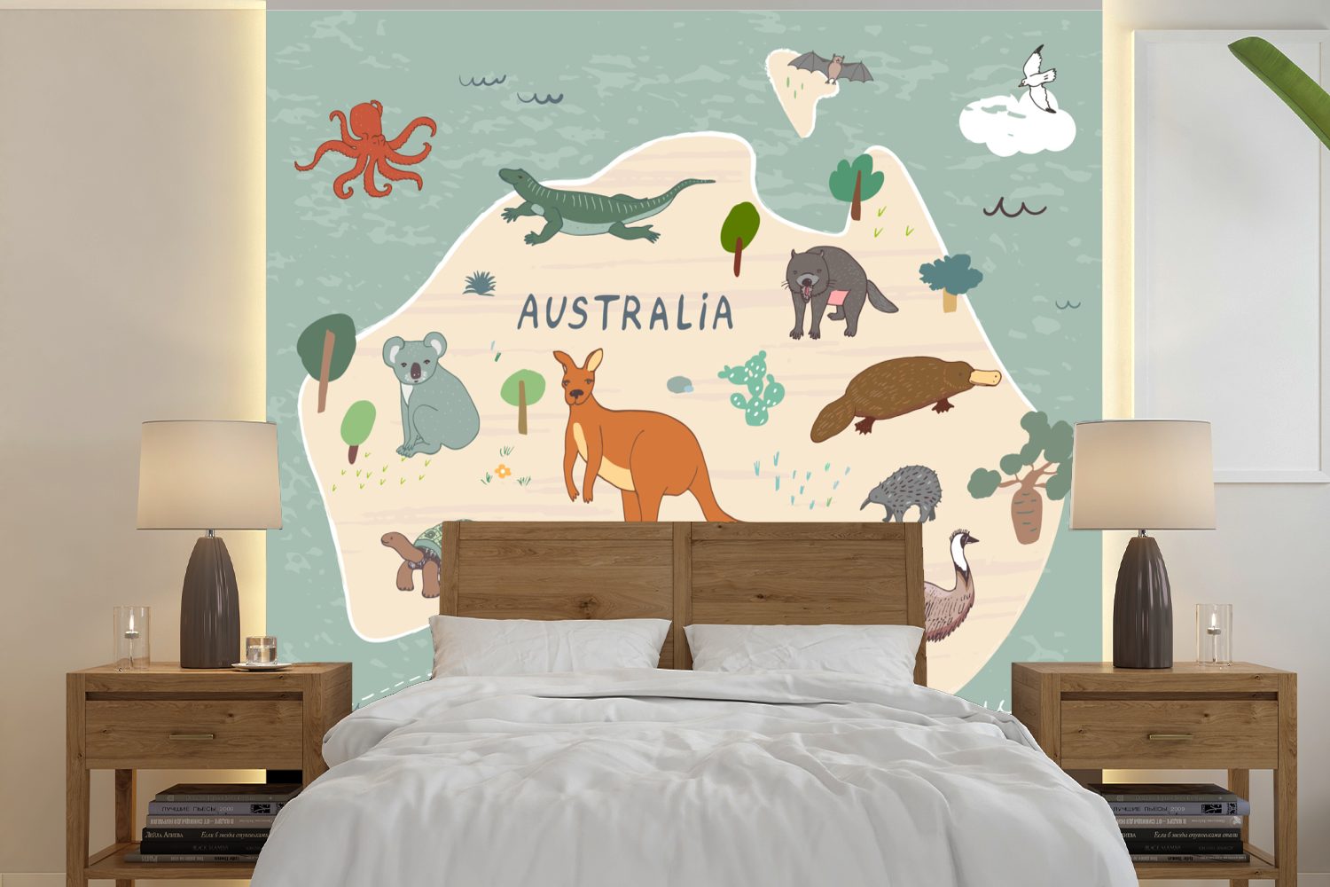 MuchoWow Fototapete Weltkarte Kinder - Tiere - Australien - Jungen - Blau - Kinder, Matt, bedruckt, (5 St), Vinyl Tapete für Wohnzimmer oder Schlafzimmer, Wandtapete
