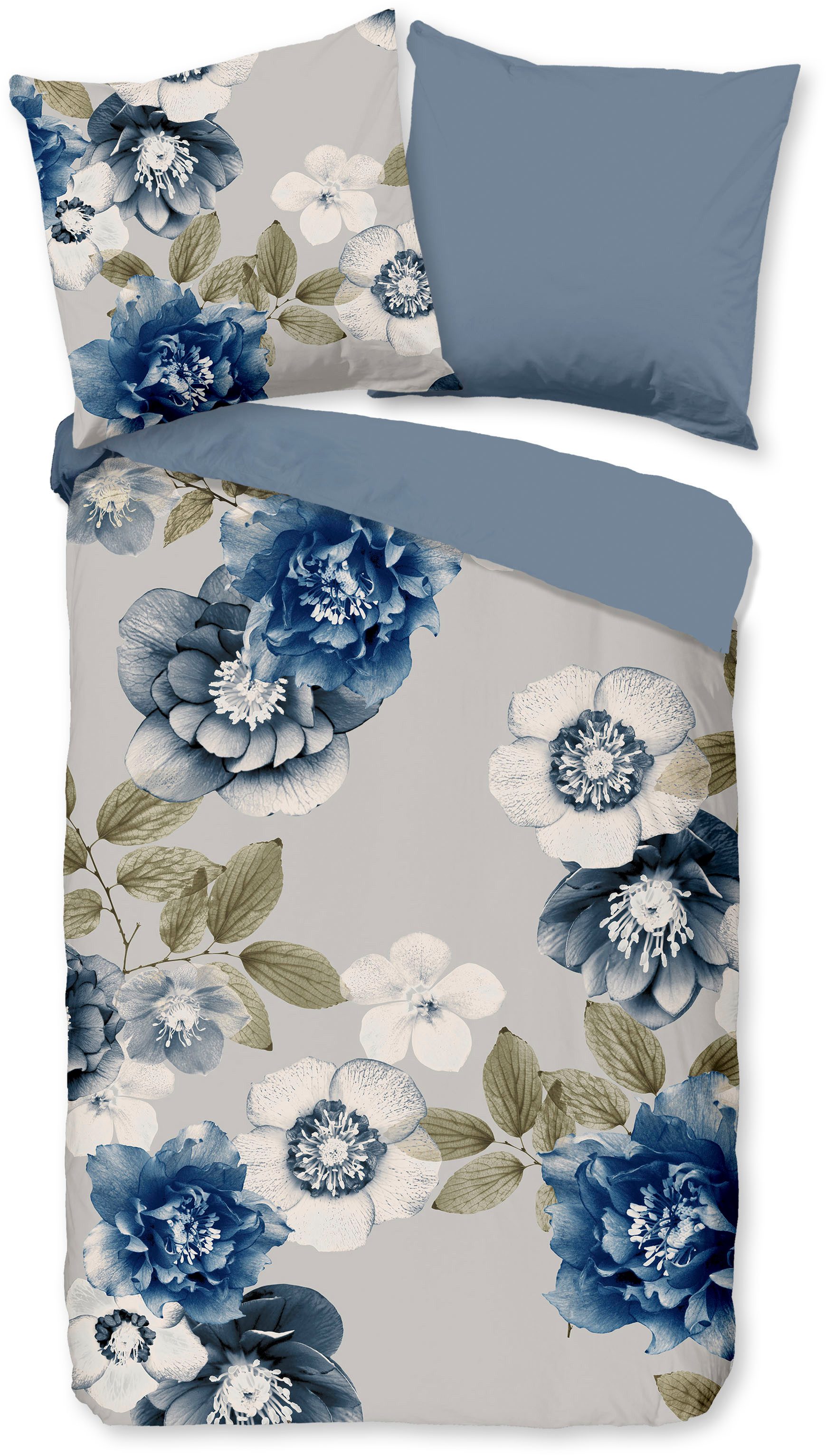 good morning Wendebettwäsche Gabin, Biber, Flanell, 2 teilig, Flanell, Biber, Winter, Warm, Reißverschluss, Wende, Blumen, Grau Blau