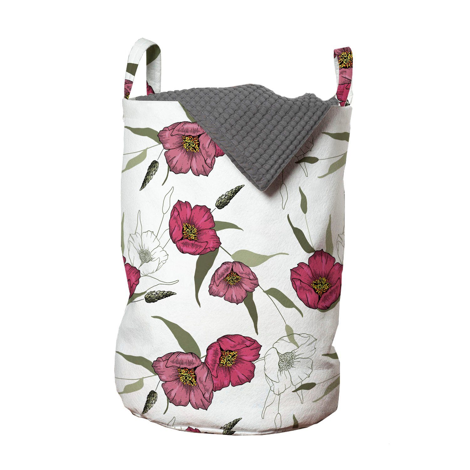 Abakuhaus Wäschesäckchen Wäschekorb mit Griffen Kordelzugverschluss für Waschsalons, Blumen Botanik Themed rosa Mohnblume