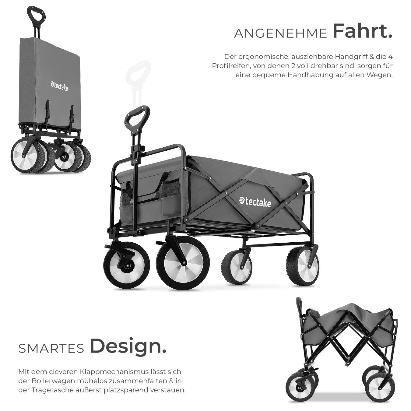 tectake Bollerwagen Faltbarer Handwagen Leon mit Bremsen, Belastbarkeit 80kg (1 Transportwagen, 1-tlg., 97L Volumen in Grau), abnehmbarer Stoffeinsatz mit 2 Netztaschen, gepolsterter Griff