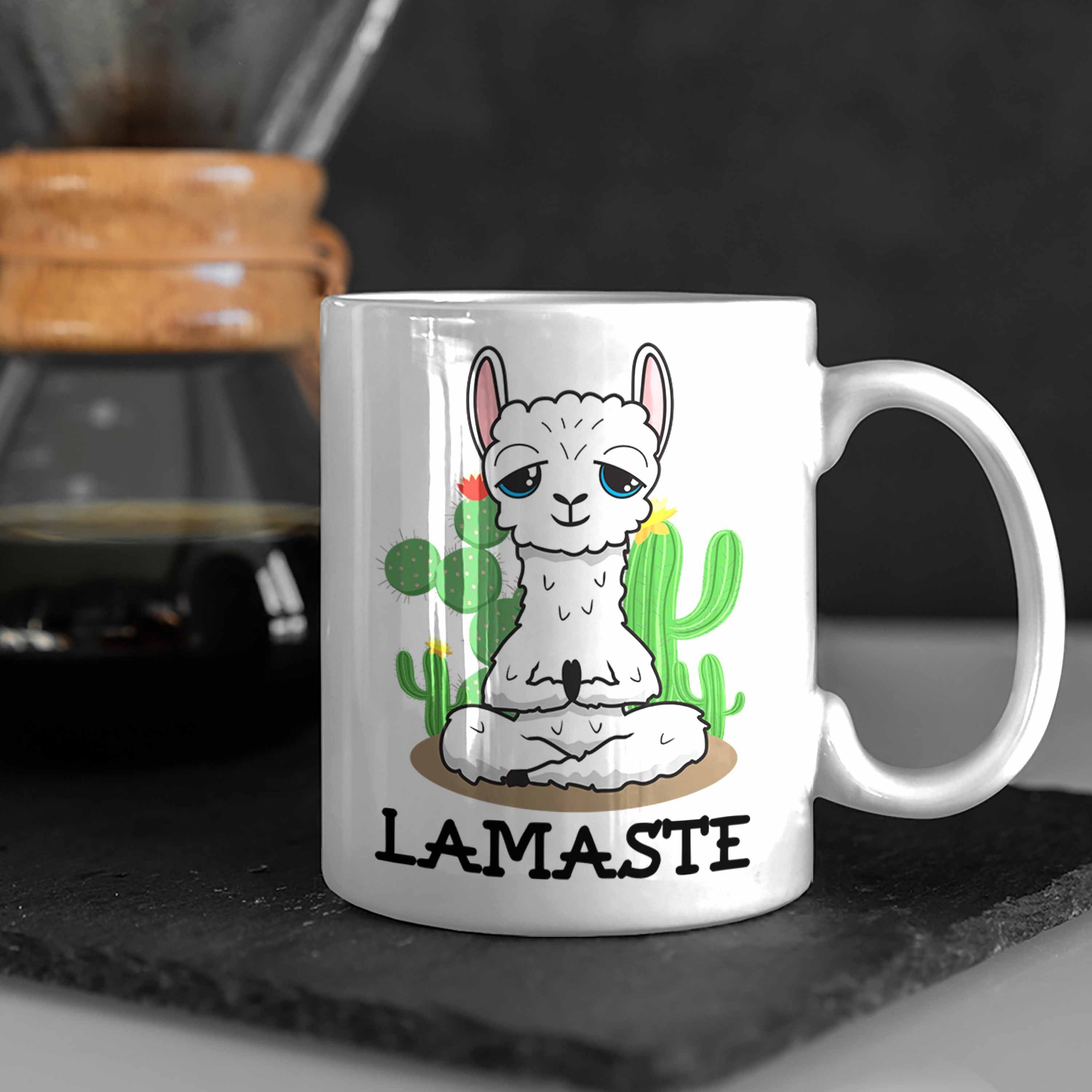 Geschenkidee Lama Lustig Trendation Geschenk Tasse Tasse - Yoga-Posen Weiss Sport Trendation Lamaste Sport Llama Yoga
