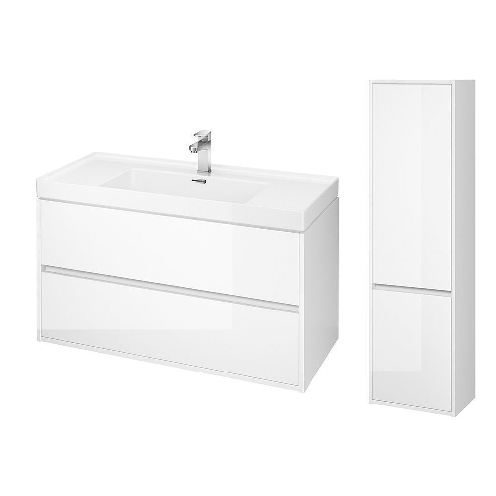 KOLMAN Badmöbel-Set CREA 100 Waschbecken-Unterschrank mit Hochschrank 140x40x25, (Weiß), mit Schubladen & Keramikwaschbecken