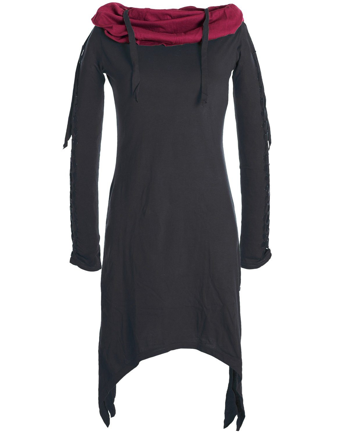Elfen Schalkragen Boho, langarm Kleid Vishes aus schwarz Zipfelkleid Ethne, Goa, Biobaumwolle Zweifarbiges mit Style
